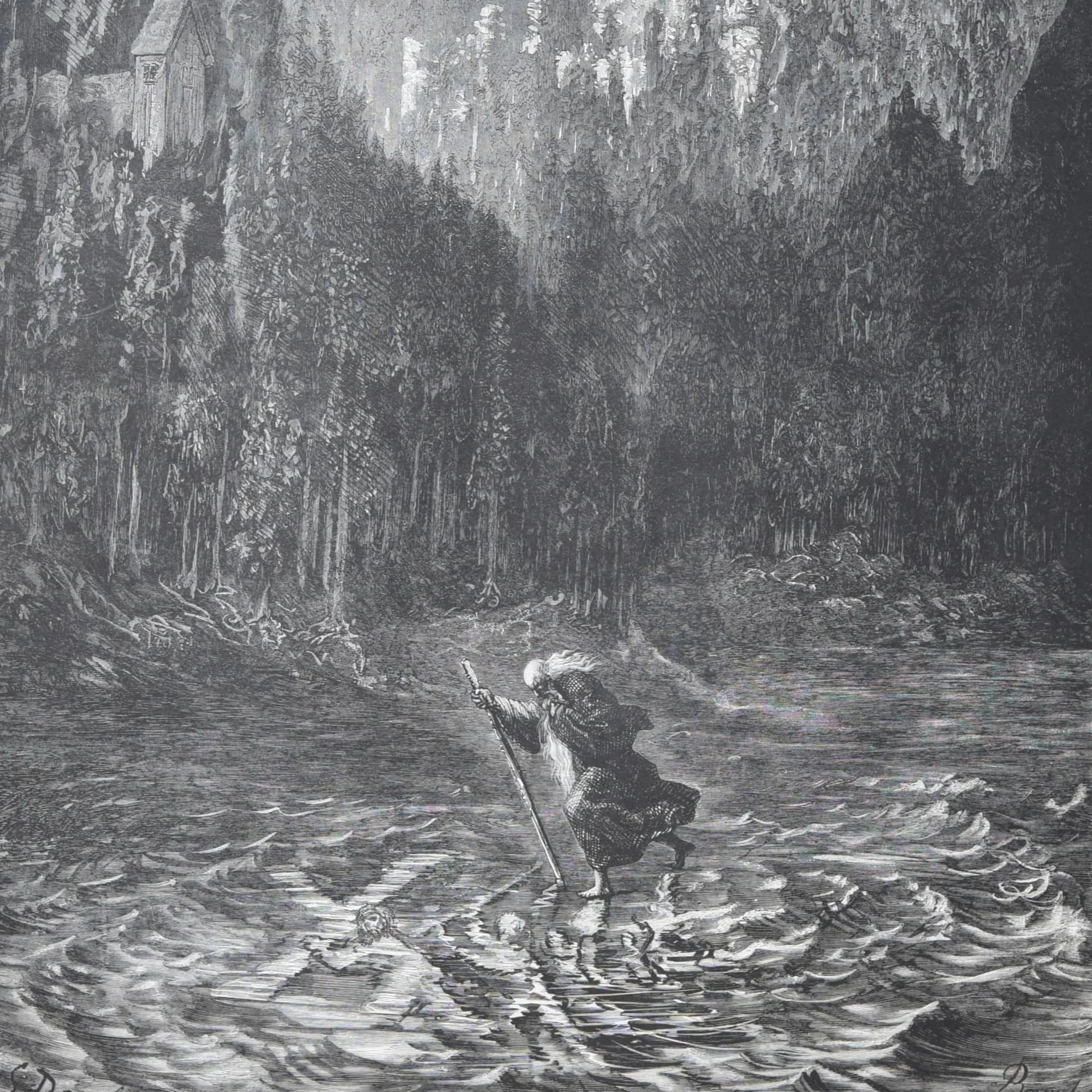 1866 Gustave Doré Legend Of The Wandering Jew Crossing River Plate 5 - Original Antique Engraving - Gothic Medieval Christian - 14 x 20 in