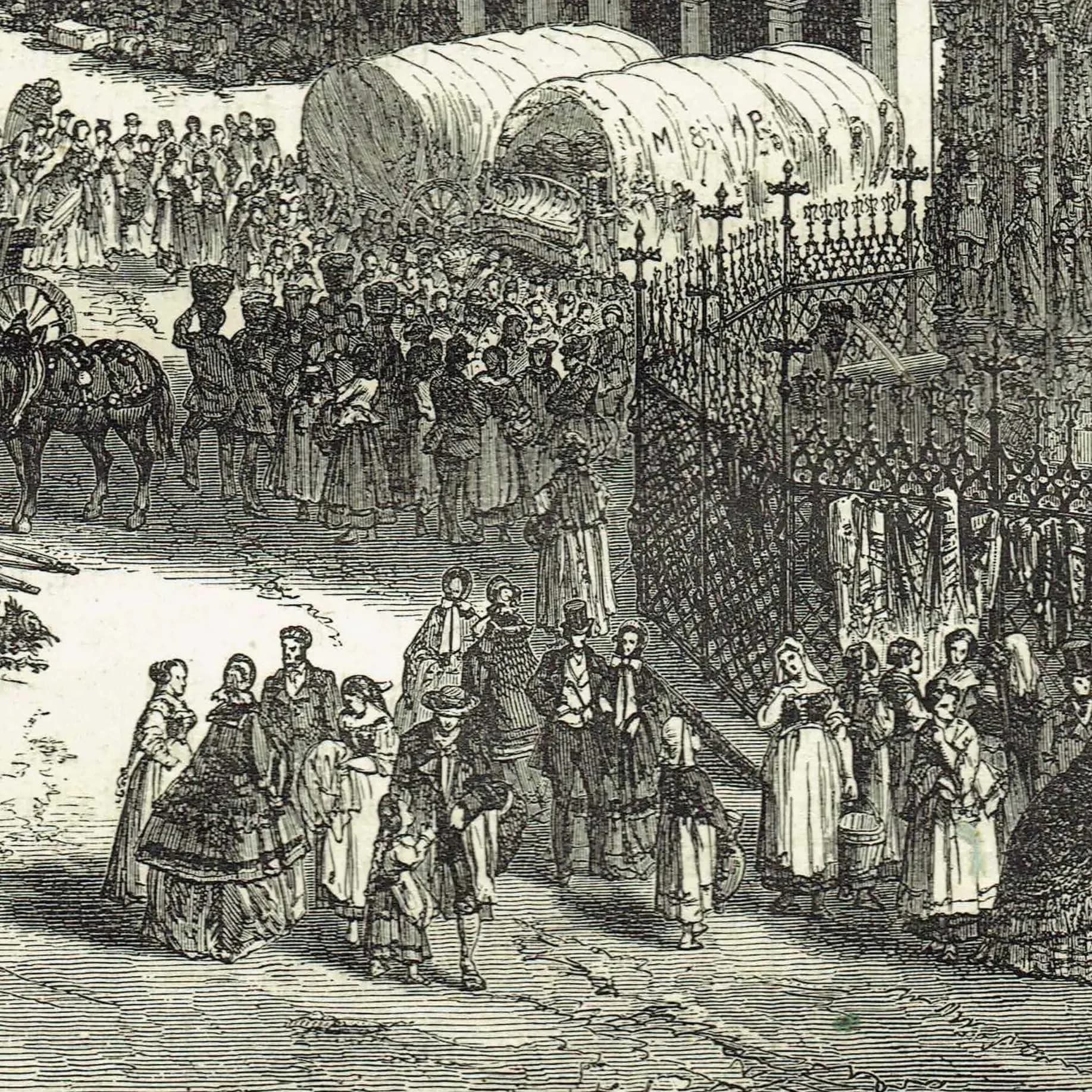 1875 Schönebrunnen Nuremberg - Antique Engraving - Illustrated Travels Bates Victorian Germany Market Scene - 8 x 11.5 in