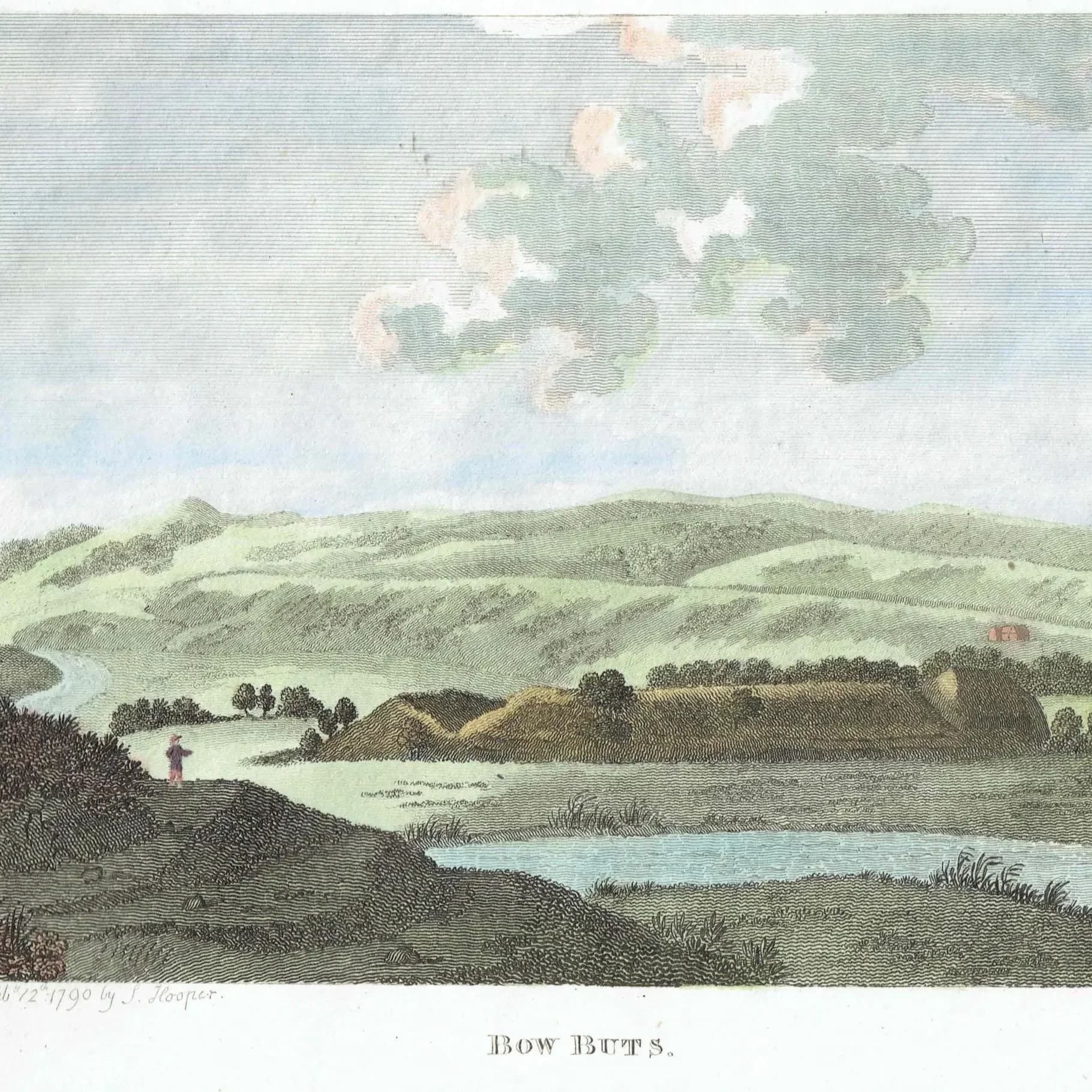 1790 Bow Butts English Landscape Print - Rural River Scene - 18th Century Antique Engraving - Countryside View by L. Parr - 6.75 x 8.75 in