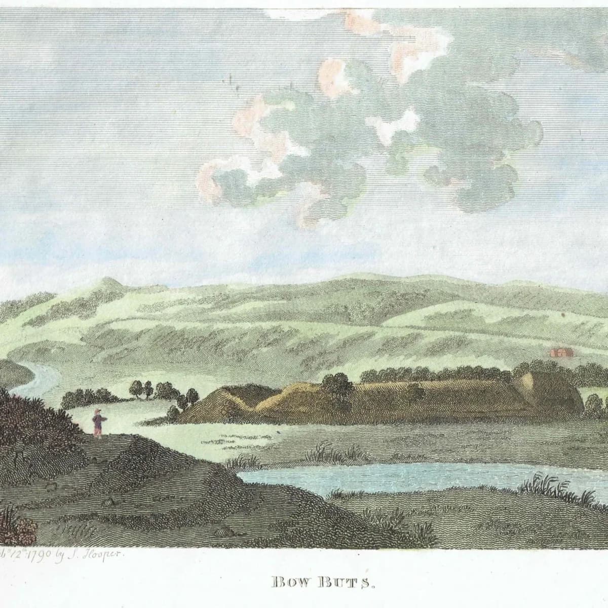 1790 Bow Butts English Landscape Print - Rural River Scene - 18th Century Antique Engraving - Countryside View by L. Parr - 6.75 x 8.75 in