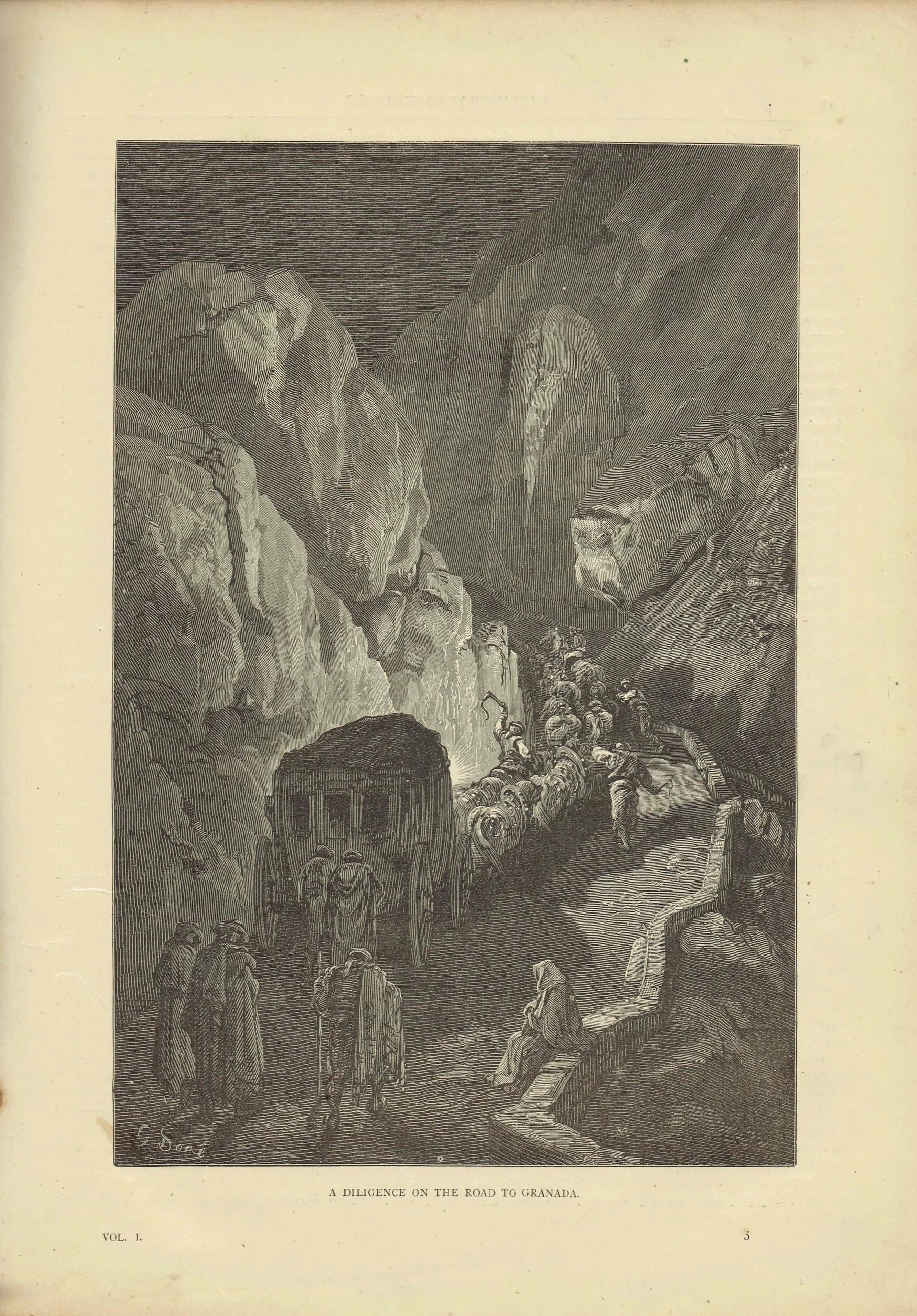 1870s Antique Granada Road Coach Travel Original Woodblock Print - Spanish Mountain Journey - Victorian Book Illustration - 8.5 x 12 in