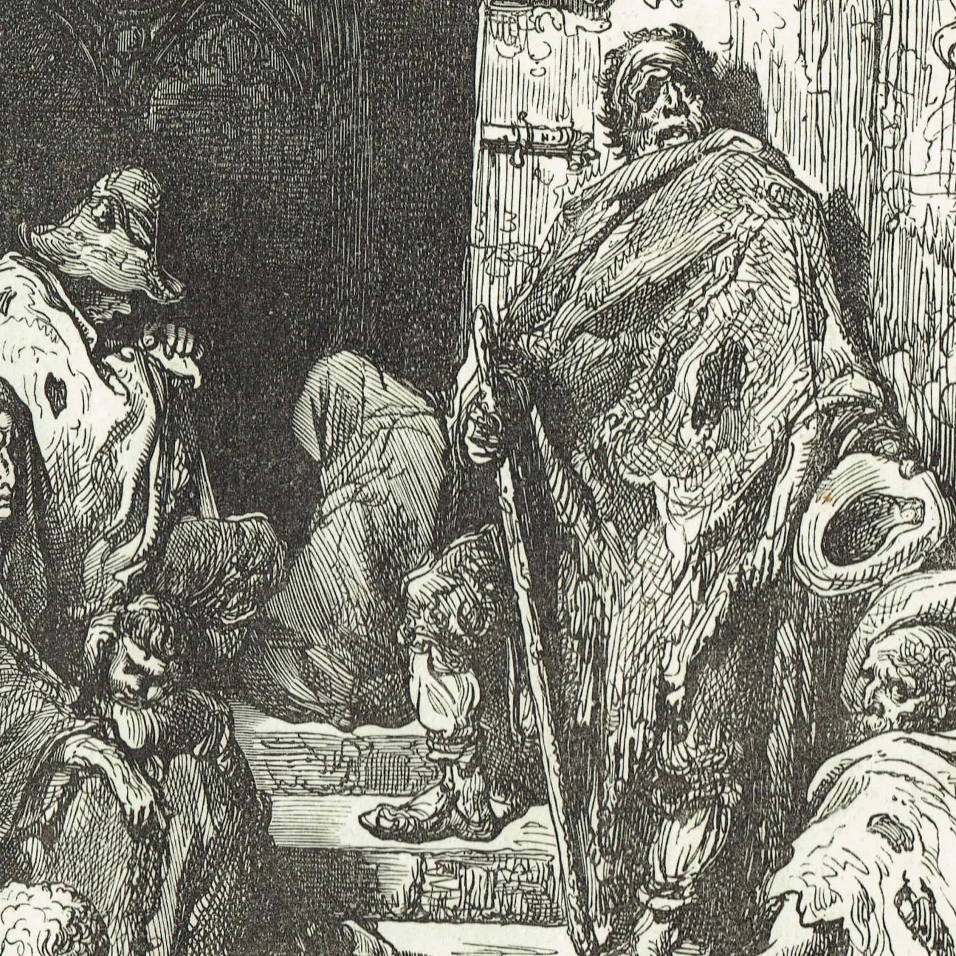 1869 Beggars in Cathedral of Barcelona - Original Antique Engraving - Spanish Religious Architecture Social History Travel - 11.75 x 8.75 in