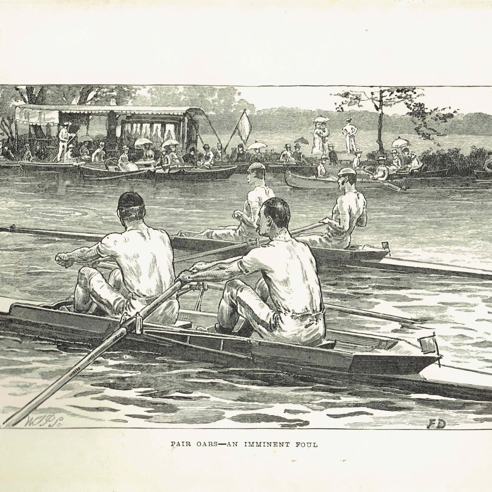 1890 Pair Oars An Imminent Foul - Original Antique Engraving By Dadd - Victorian Rowing Race River Sport Badminton Library - 7 x 4.75 in