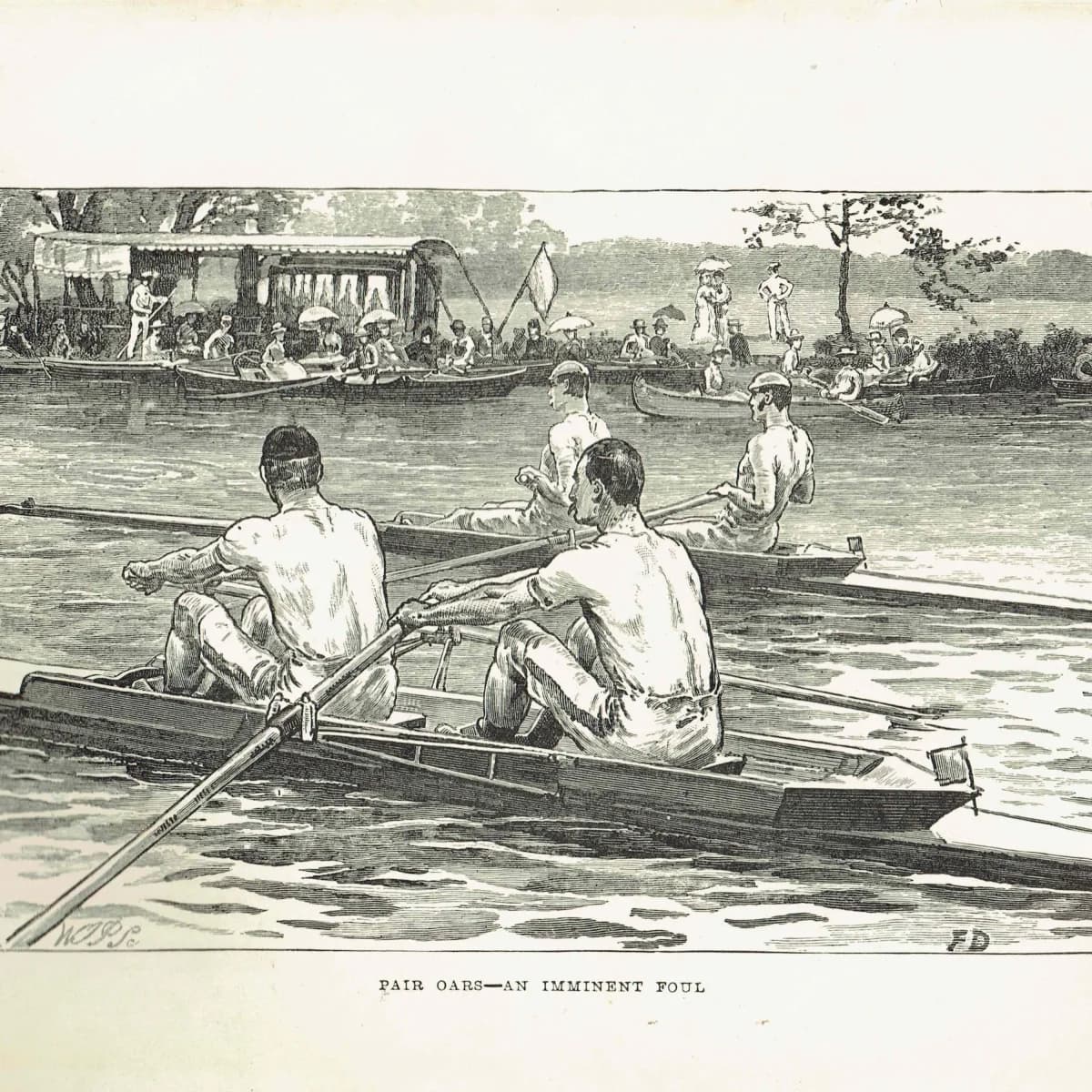 1890 Pair Oars An Imminent Foul - Original Antique Engraving By Dadd - Victorian Rowing Race River Sport Badminton Library - 7 x 4.75 in