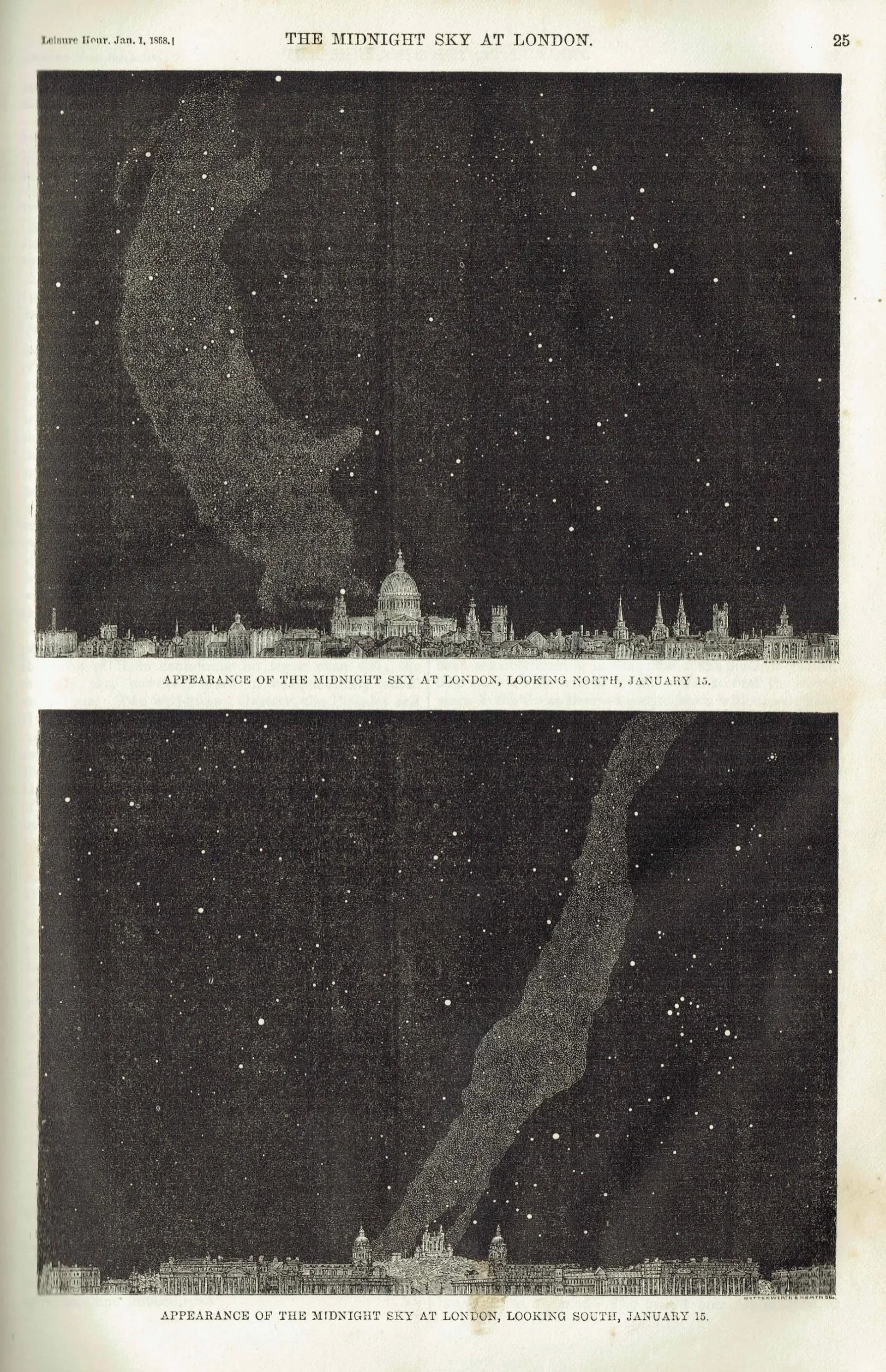 1868 Midnight Sky at London North & South - Original Antique Print - Victorian Astronomy Star Chart Milky Way Night Sky - 6.25 x 10 in