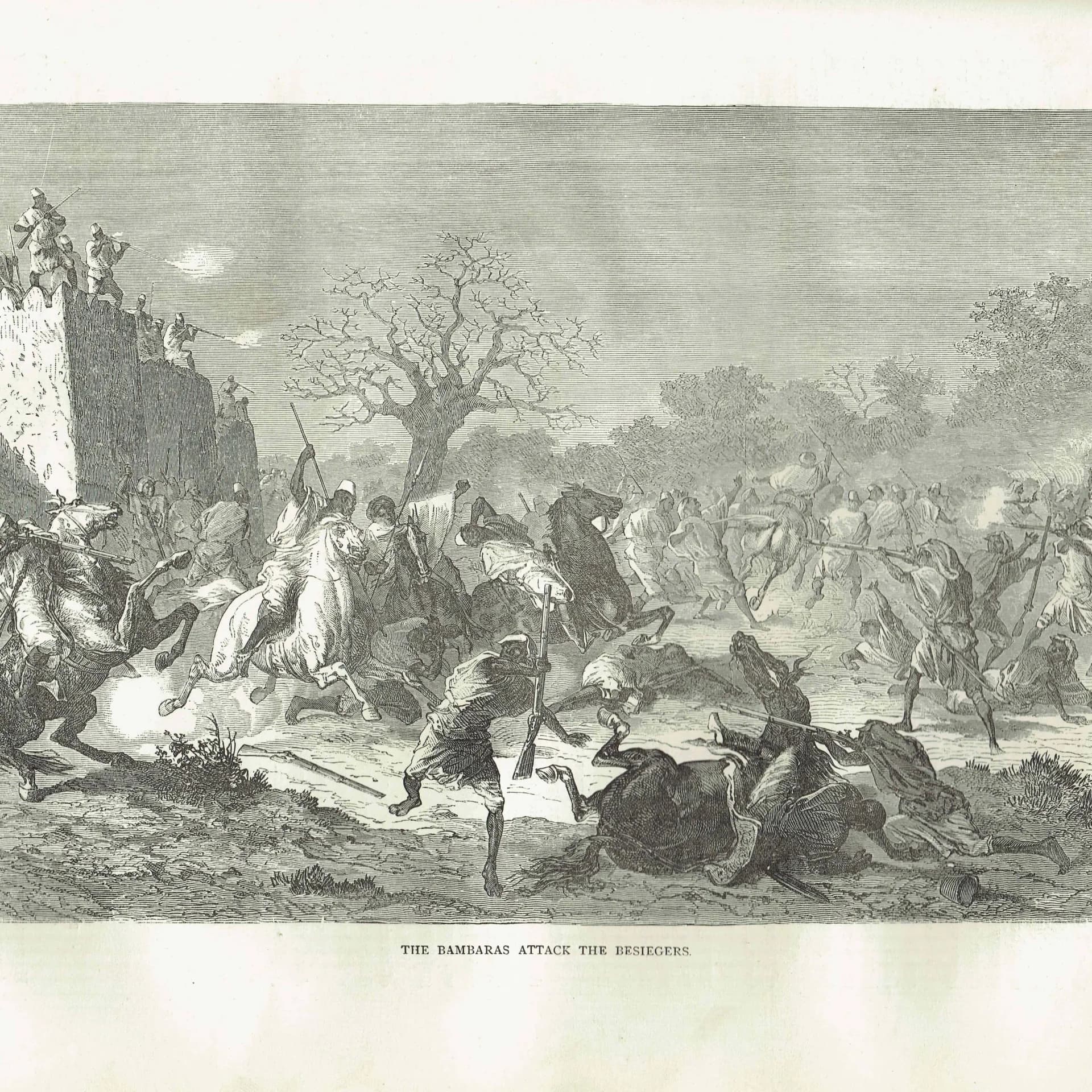 1871 Bambaras Attack the Besiegers - Antique Engraving - West Africa Battle Scene Illustrated Travels - 11.5 x 8 in