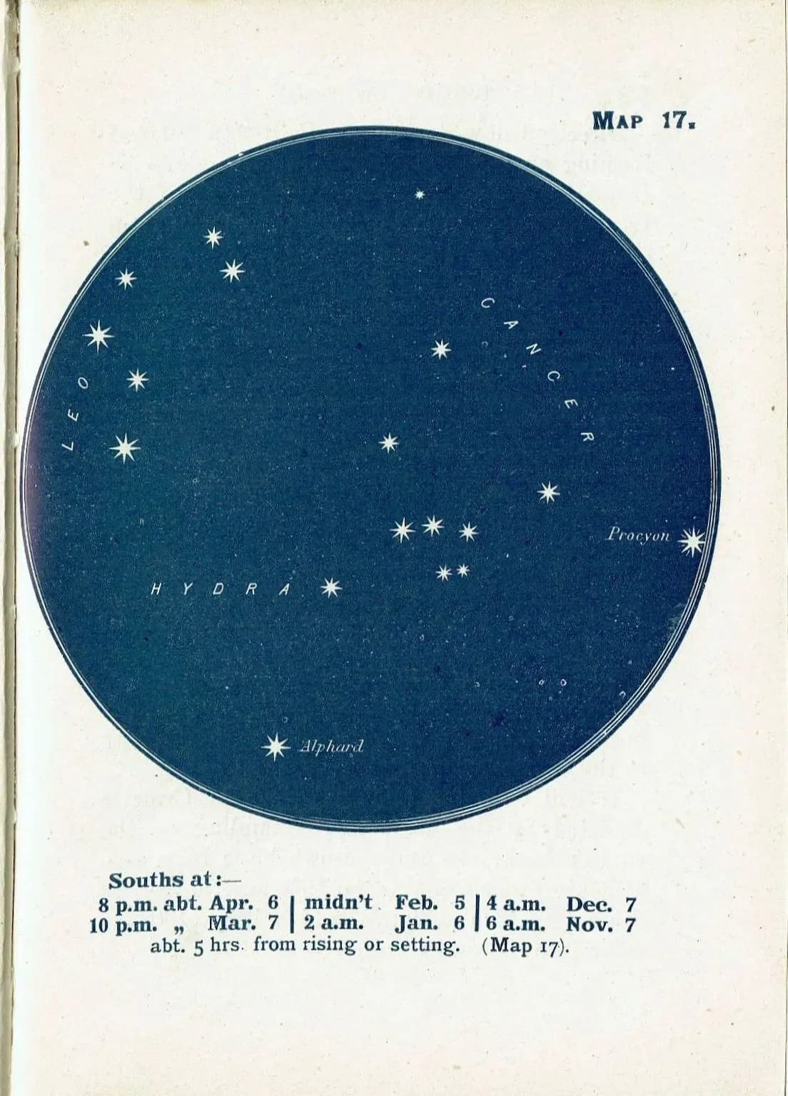 1944 Leo Cancer Hydra Procyon Alphard Zodiac Star Chart Atlas Constellation - Original Vintage Print By Gall - Map 17 - 4 x 6 in
