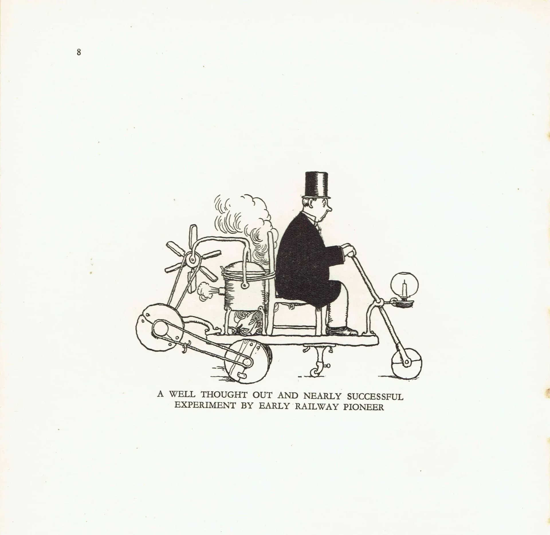 1935 Railway Pioneer Contraption - Original Vintage Print By Heath Robinson - Great Western Railway Centenary Humorous Cartoon - 7 x 9.5 in
