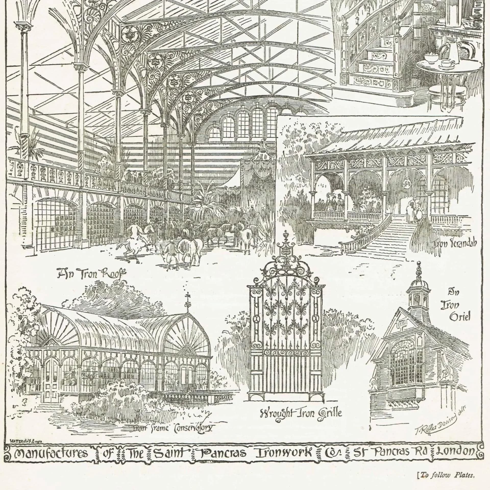 1898 Architectural Ironwork Print - St Pancras Ironwork Co Designs, Bridges, Roofs & Spiral Stair - Antique Plate - 8 x 10.75 in