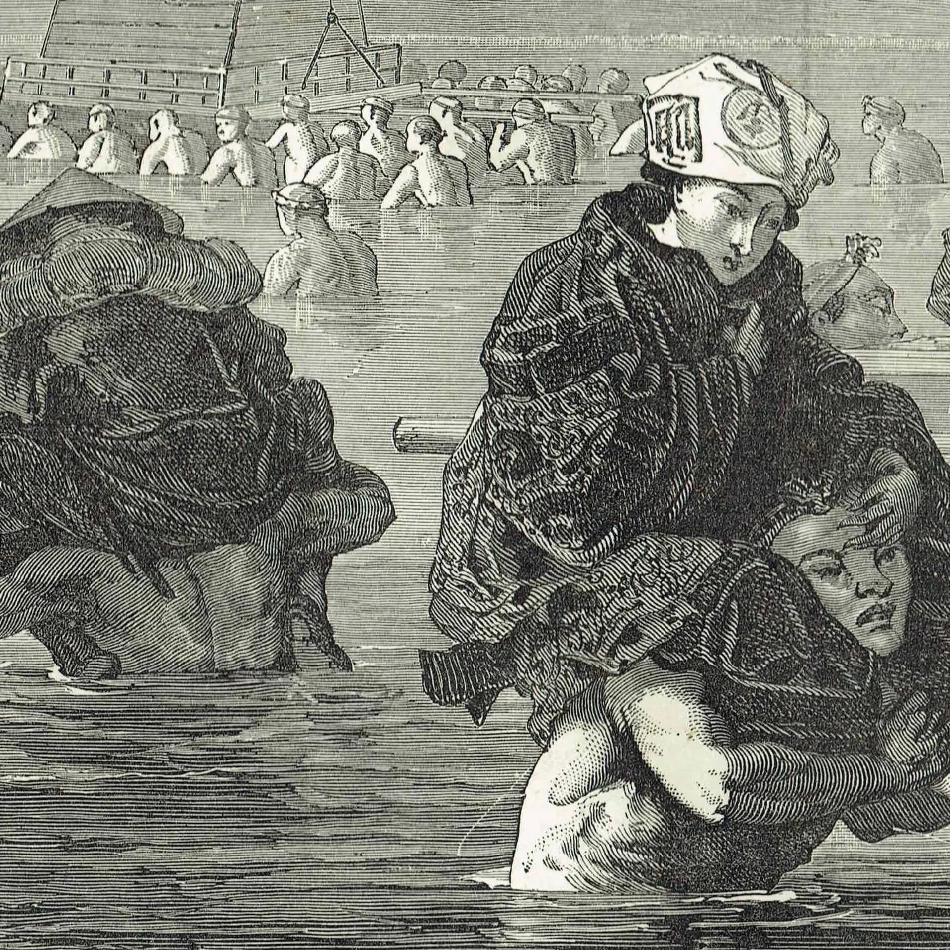 1875 Crossing a River Japan - Antique Engraving By Bates - Illustrated Travels Vol 6 Victorian Asia Geography Scene - 11.5 x 8 in
