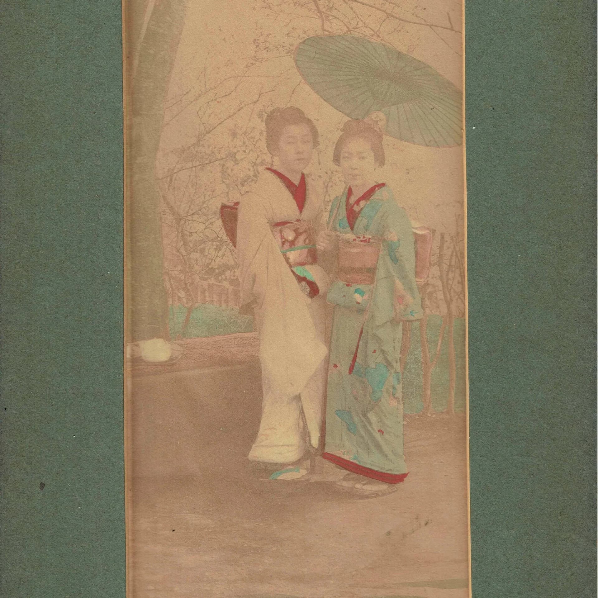 c.1900s Geisha With Umbrella - Original Antique Hand-Tinted Albumen Photograph - Meiji Era Yokohama Studio Kimono Portrait - 7.5 x 15 in