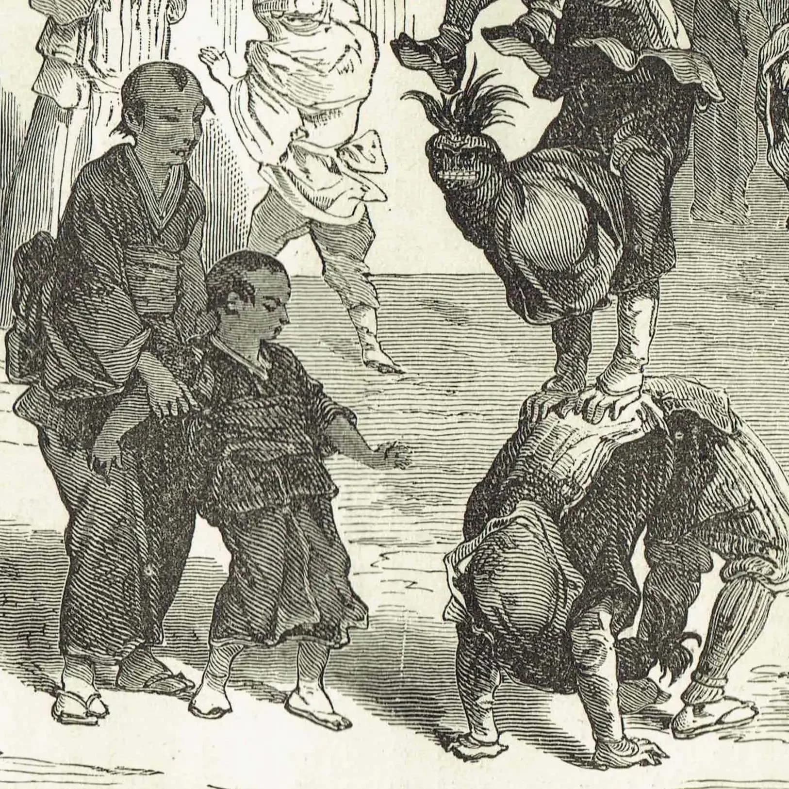 1875 Boy Tumblers & Street-Life in Yedo - Antique Engraving - Japanese Tokyo Scene Illustrated Travels Bates - 11.5 x 8 in