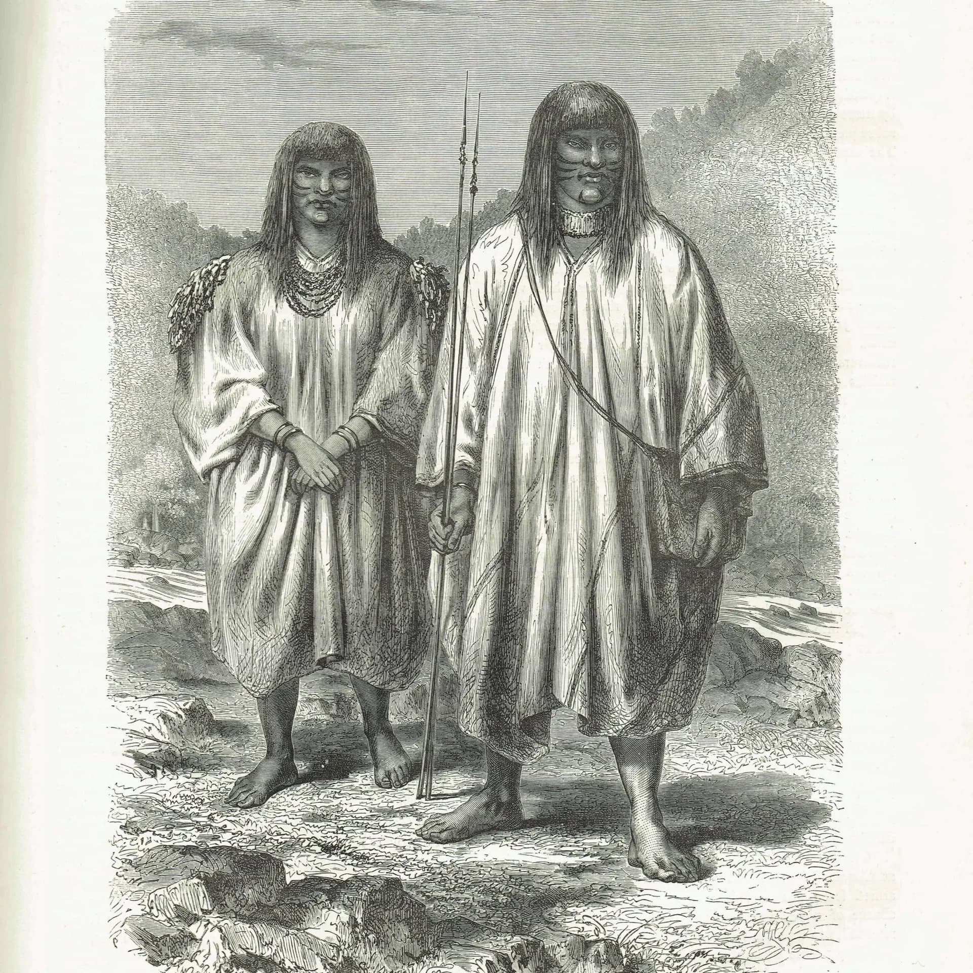 1871 Indians of the River Pachitea - Antique Print By Bates - Illustrated Travels Peru Amazon Portrait Engraving - 8 x 11.5 in