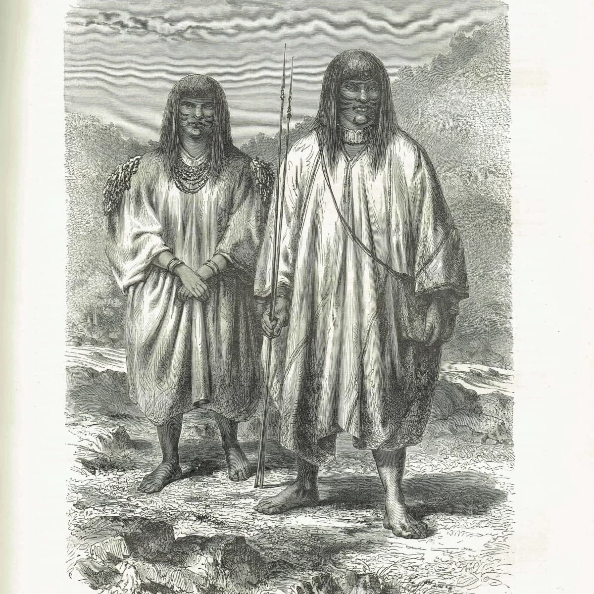 1871 Indians of the River Pachitea - Antique Print By Bates - Illustrated Travels Peru Amazon Portrait Engraving - 8 x 11.5 in