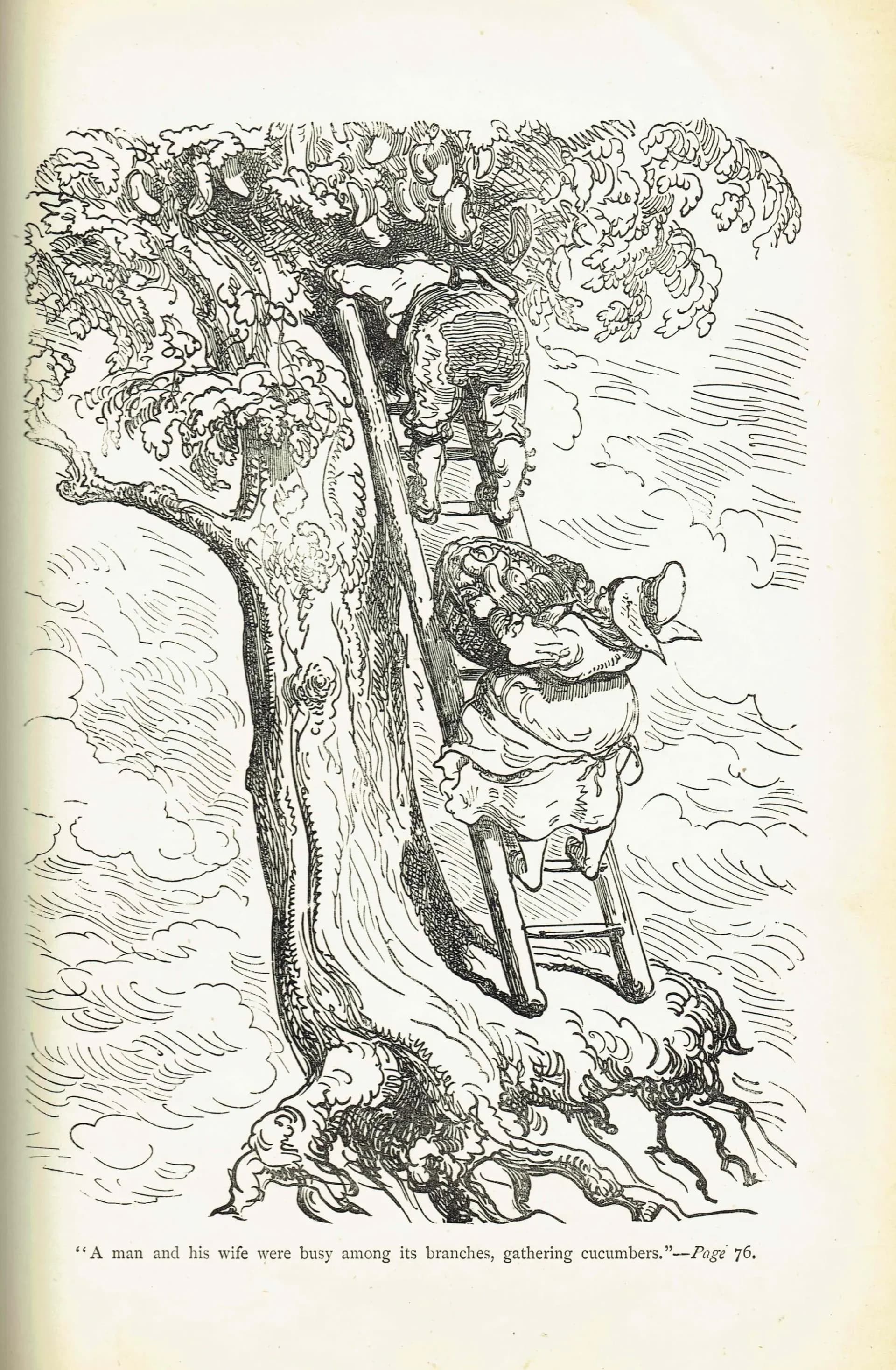 1867 Baron Munchausen Cucumber Tree - Original Antique Print By Doré - Fantasy Adventure Literary Illustration - 6 x 9 in