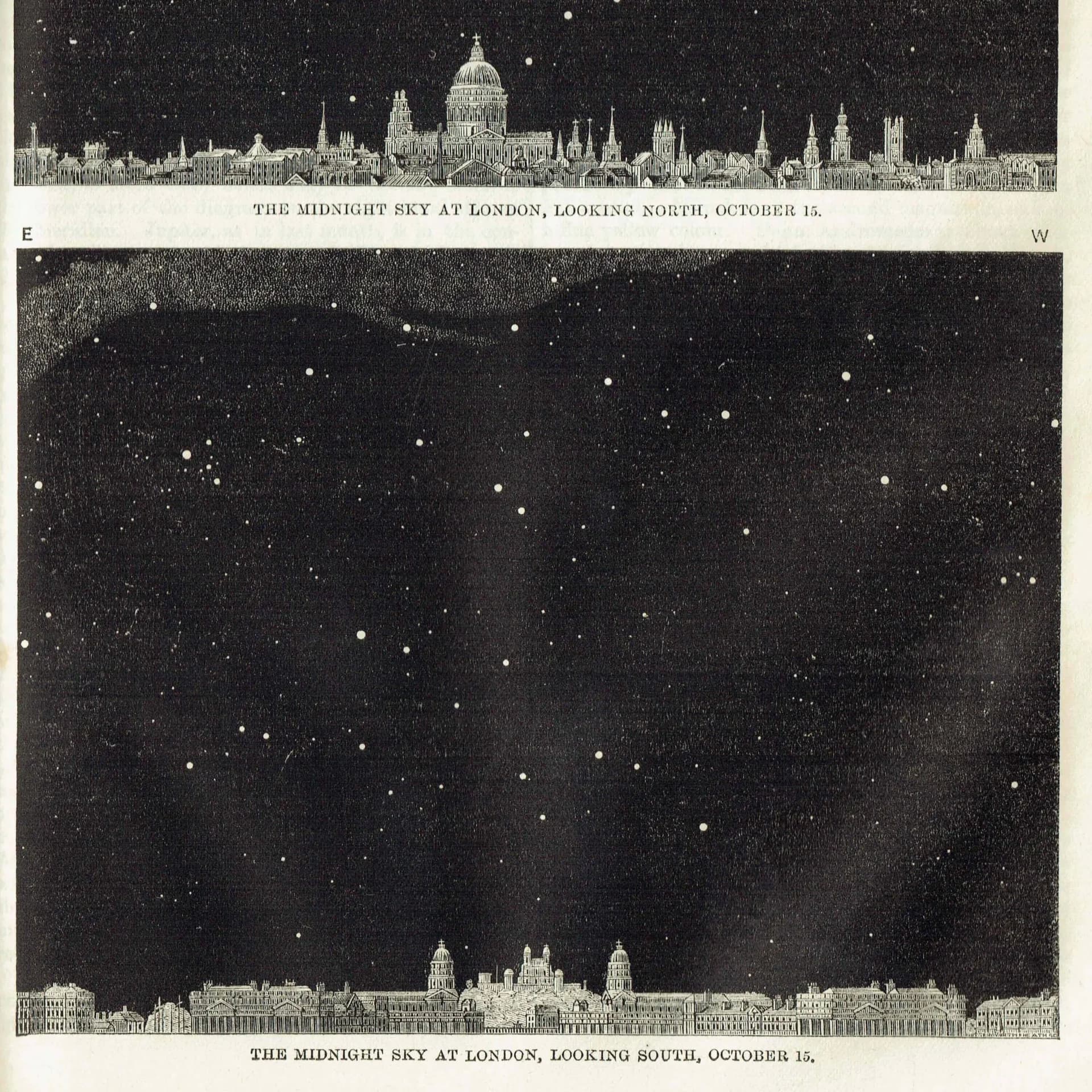 1868 Midnight Sky at London - Original Antique Print - Victorian Astronomy Star Chart North South Views October - 6.25 x 10 in