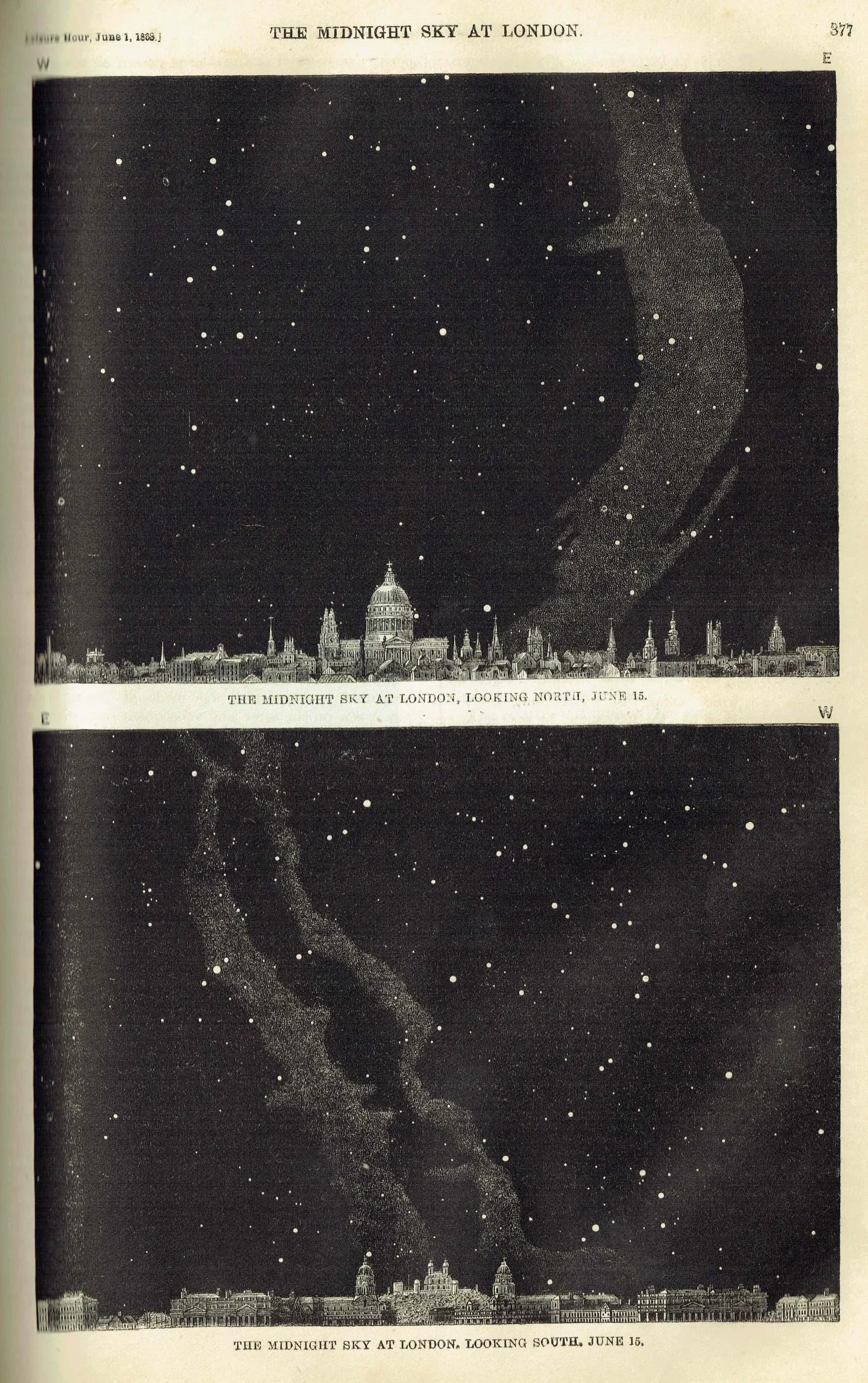 1868 Midnight Sky at London - Original Antique Print - Victorian Astronomy Star Chart North South Night Sky Science - 6.25 x 10 in