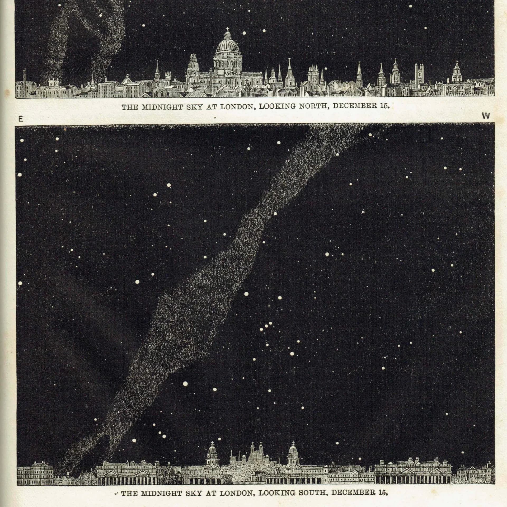 1868 Midnight Sky at London - Original Antique Print - Milky Way Star Chart Victorian Astronomy December Night - 6.25 x 10 in