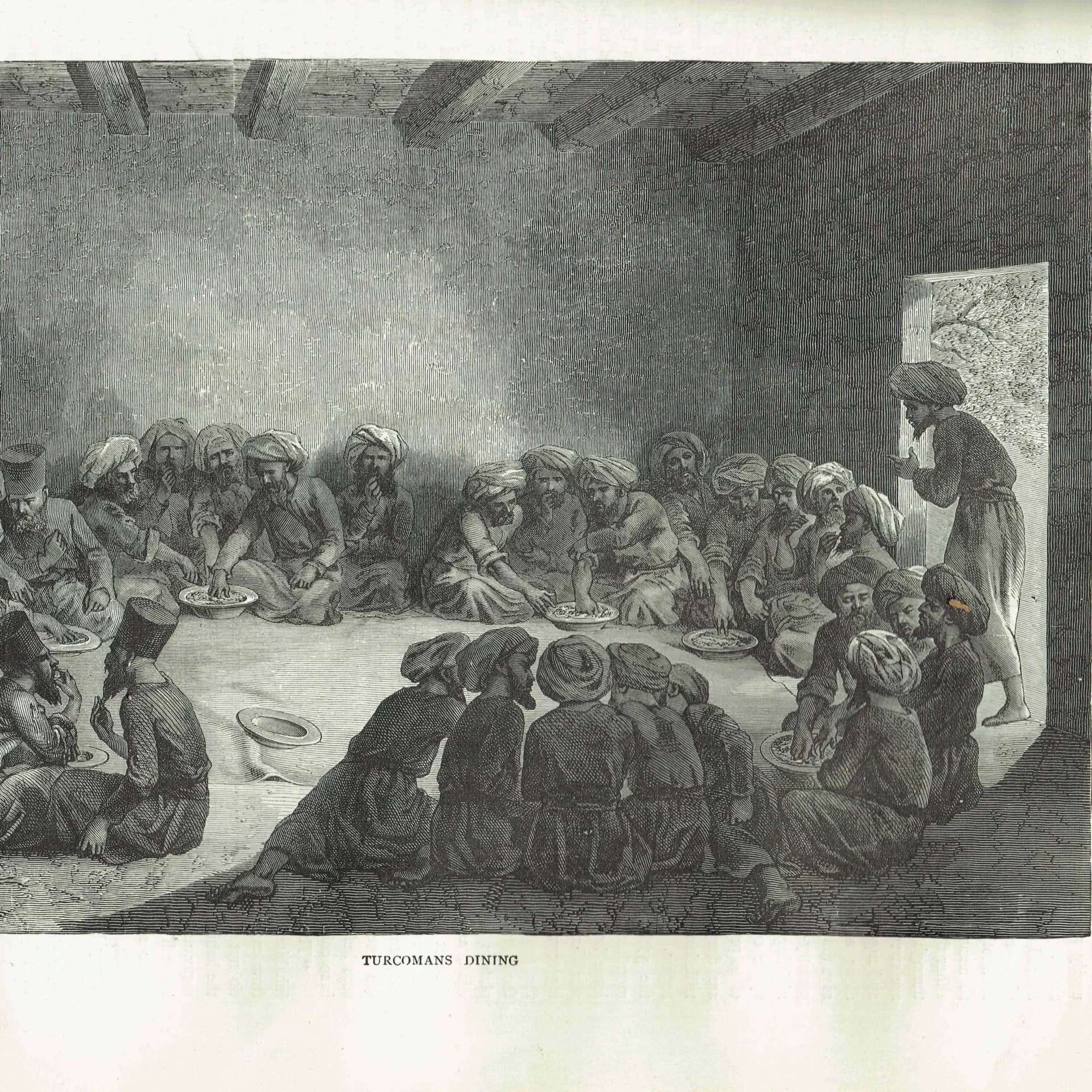 1871 Turcomans Dining - Antique Engraving - Illustrated Travels Central Asia Portrait Scene - 11.5 x 8 in