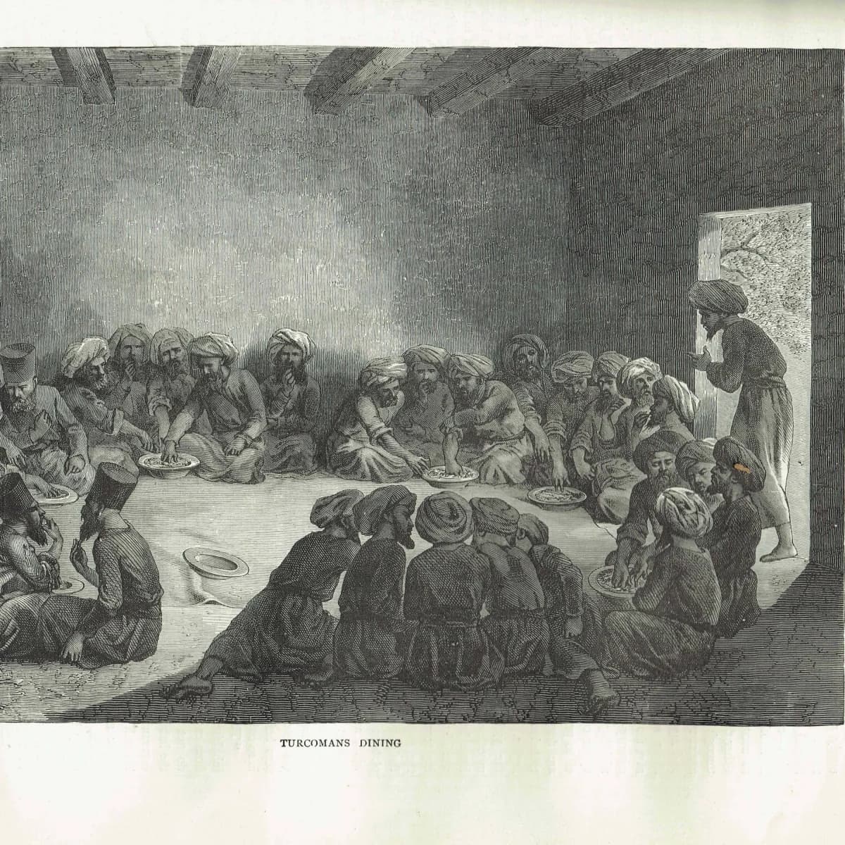 1871 Turcomans Dining - Antique Engraving - Illustrated Travels Central Asia Portrait Scene - 11.5 x 8 in