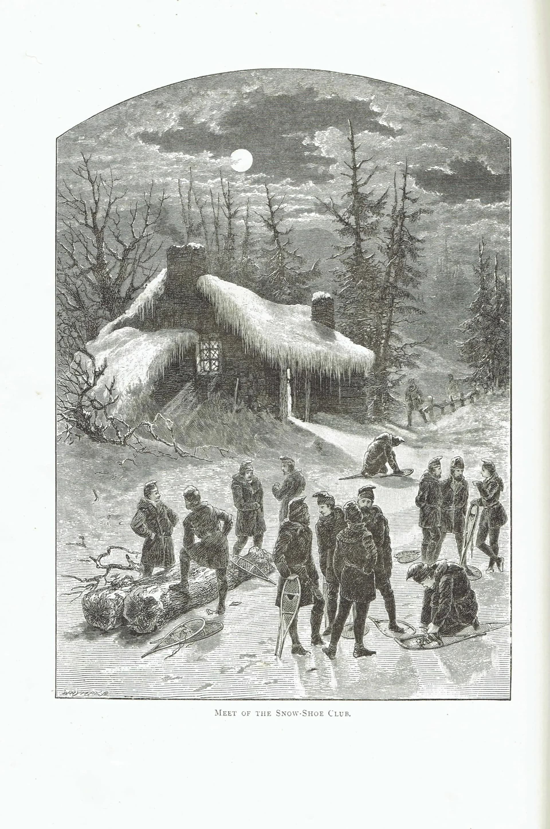 1885 Snow-Shoe Club Meet Canada - Original Antique - Victorian Winter Sport drawn by Marquis of Lorne - Engraved Whymper - 7.25 x 10.75 in