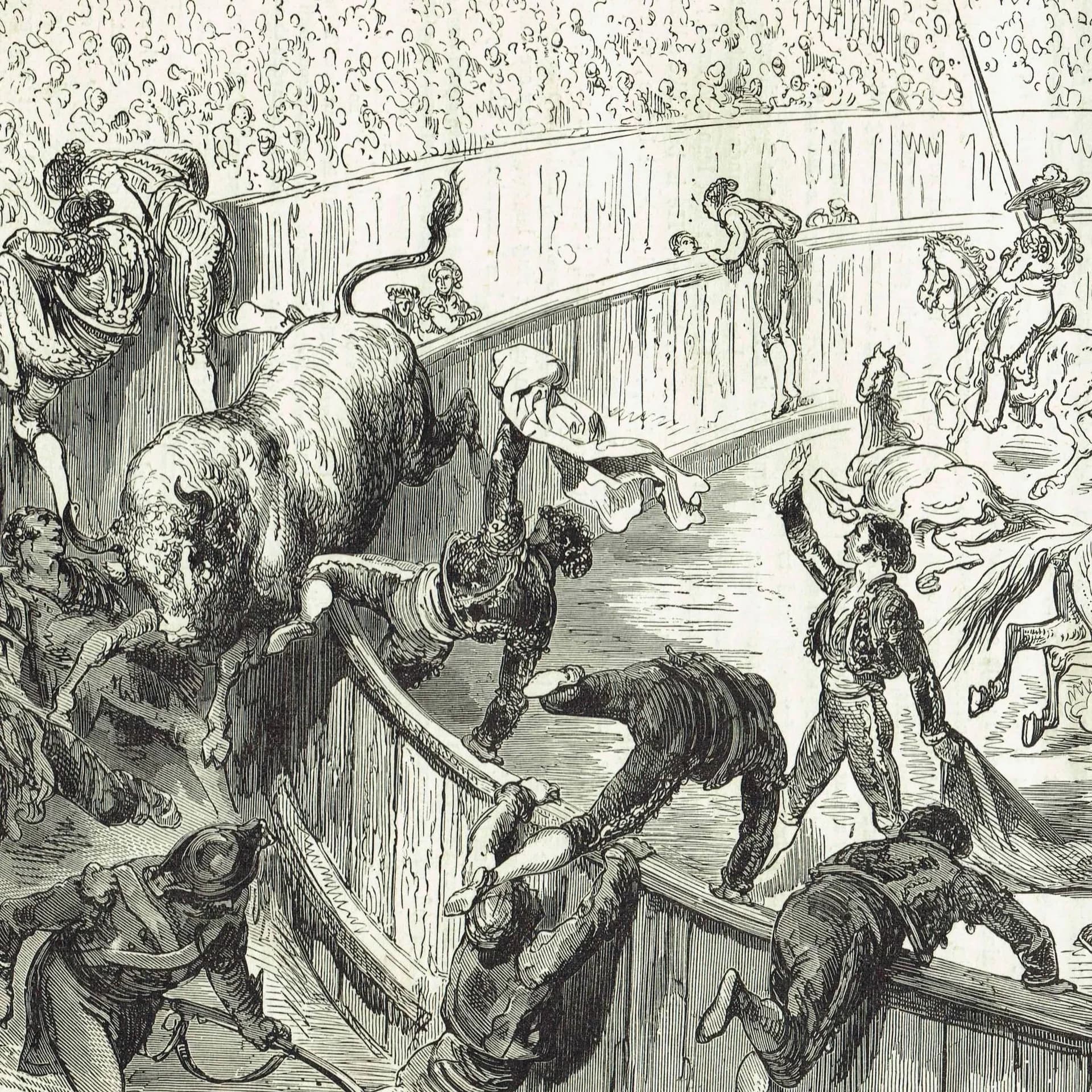 1870s Bull Leaping Arena Original Woodblock Print - Victorian Bullfighting Scene - Antique Book Illustration - 12 x 8.5 in