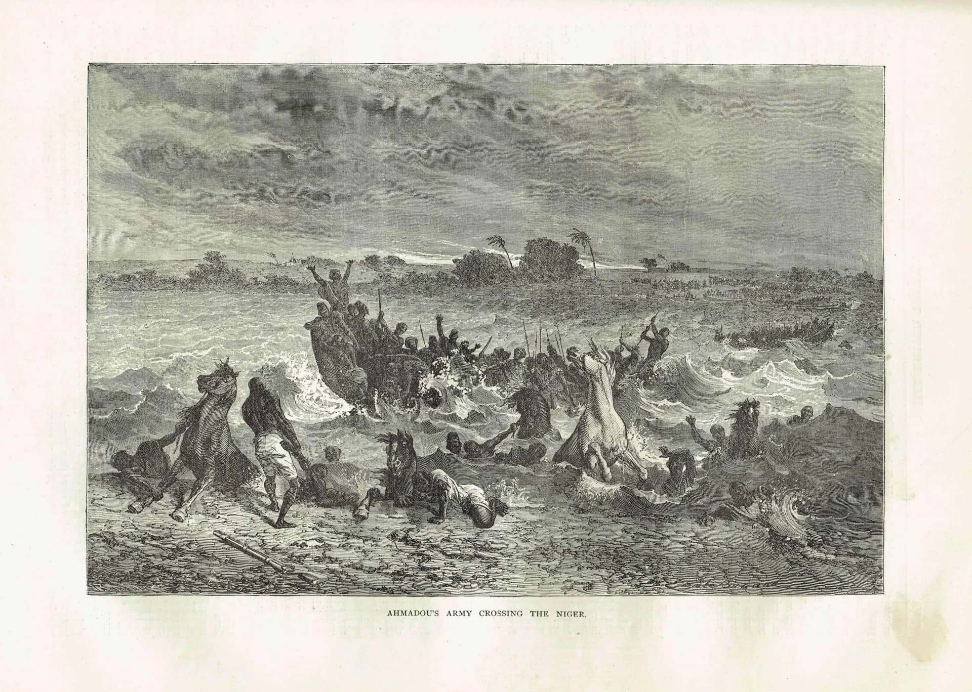 1871 Ahmadou's Army Crossing the Niger - Antique Engraving - West Africa Historical Scene Victorian Travel - 11.5 x 8 in