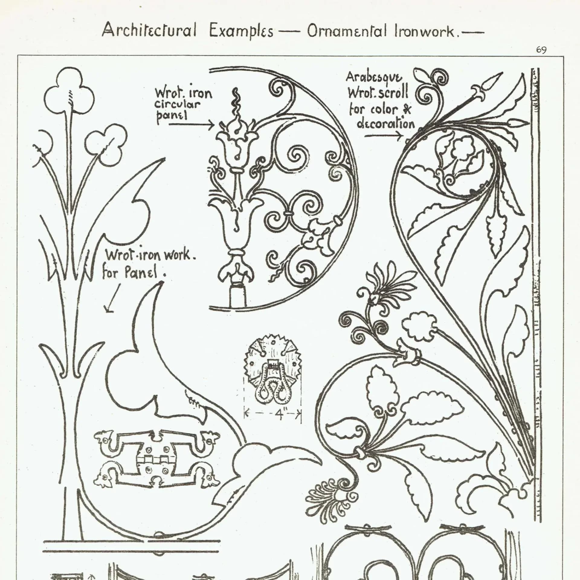 1898 Ornamental Wrought Ironwork - Circular Panel Arabesque Scroll St Quintin Architecture Print - W Fullerton - 8 x 10.75 in