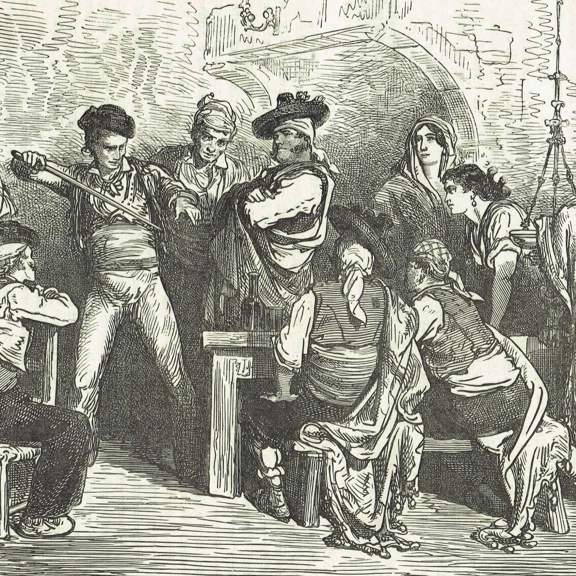 1870s Original Antique Company In A Spanish Inn Scene Woodblock Print - Victorian Travel Book Illustration - 12 x 8.5 in