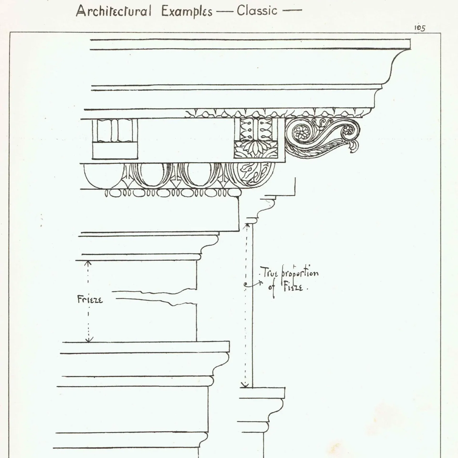 1898 Classic Architectural Frieze Print - Corinthian Entablature, Decorative Mouldings & Ornament - Antique Plate - 8 x 10.75 in