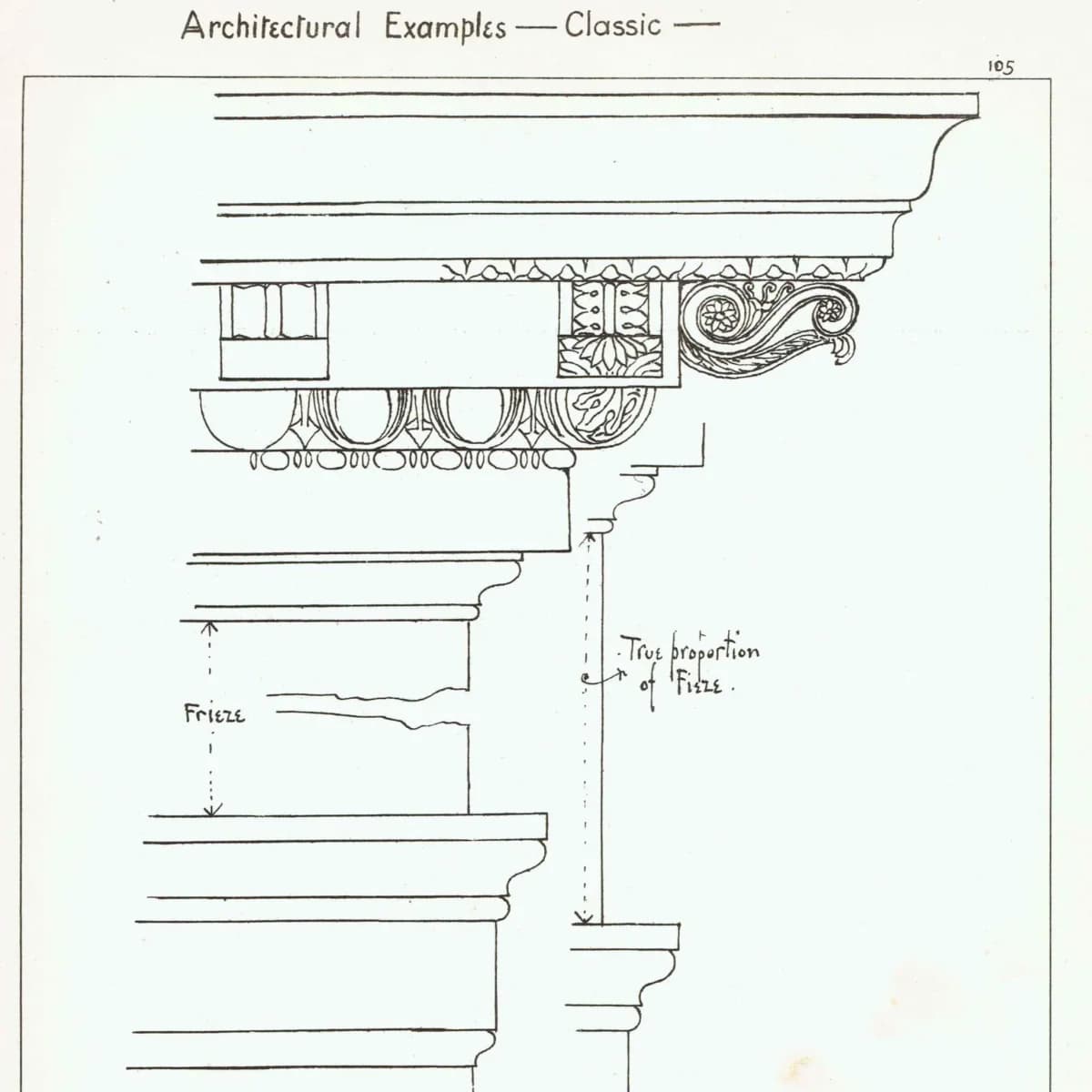 1898 Classic Architectural Frieze Print - Corinthian Entablature, Decorative Mouldings & Ornament - Antique Plate - 8 x 10.75 in