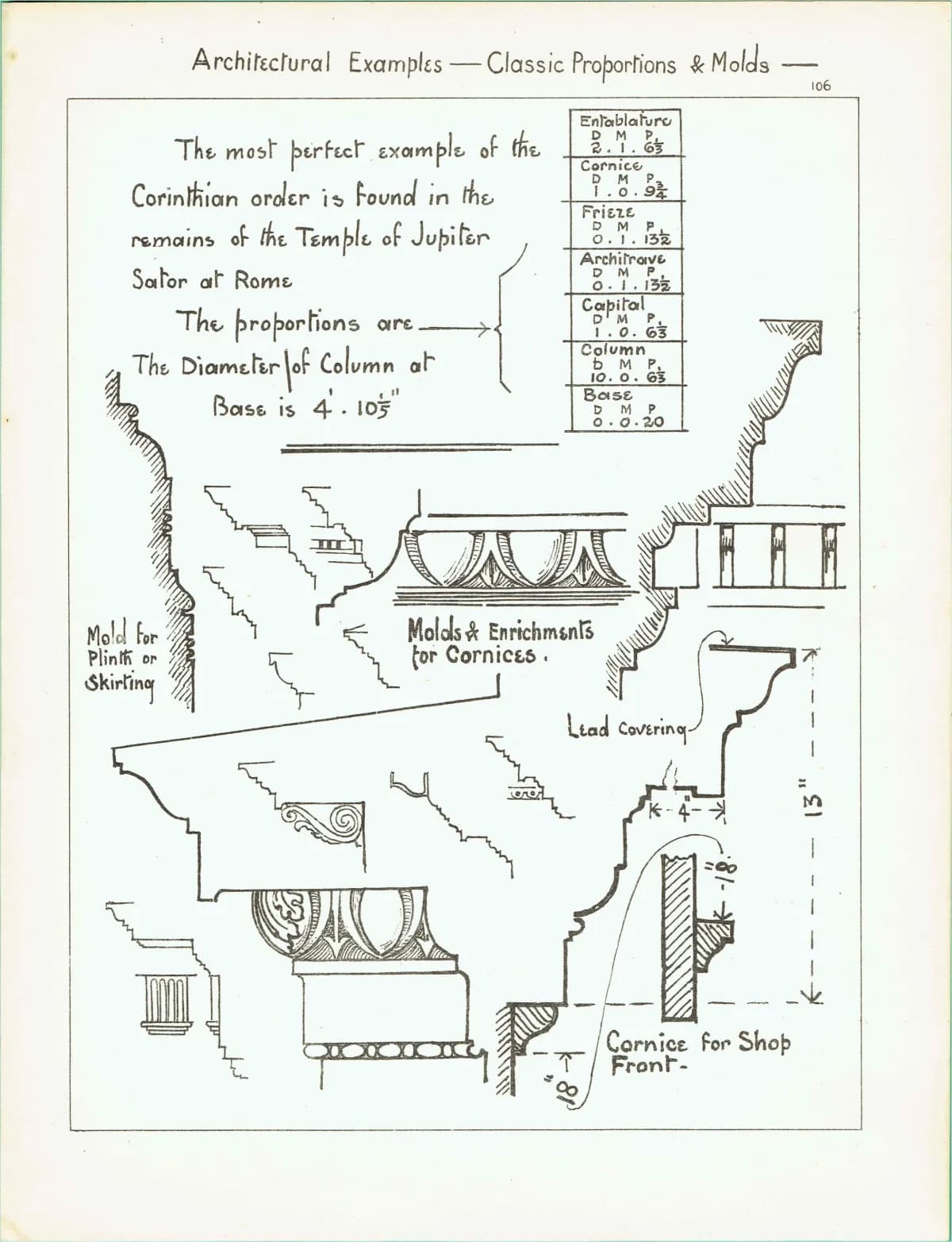 1898 Classic Architectural Proportions Print - Corinthian Order, Cornices, Columns & Enrichments - Antique Design Plate - 8 x 10.75 in