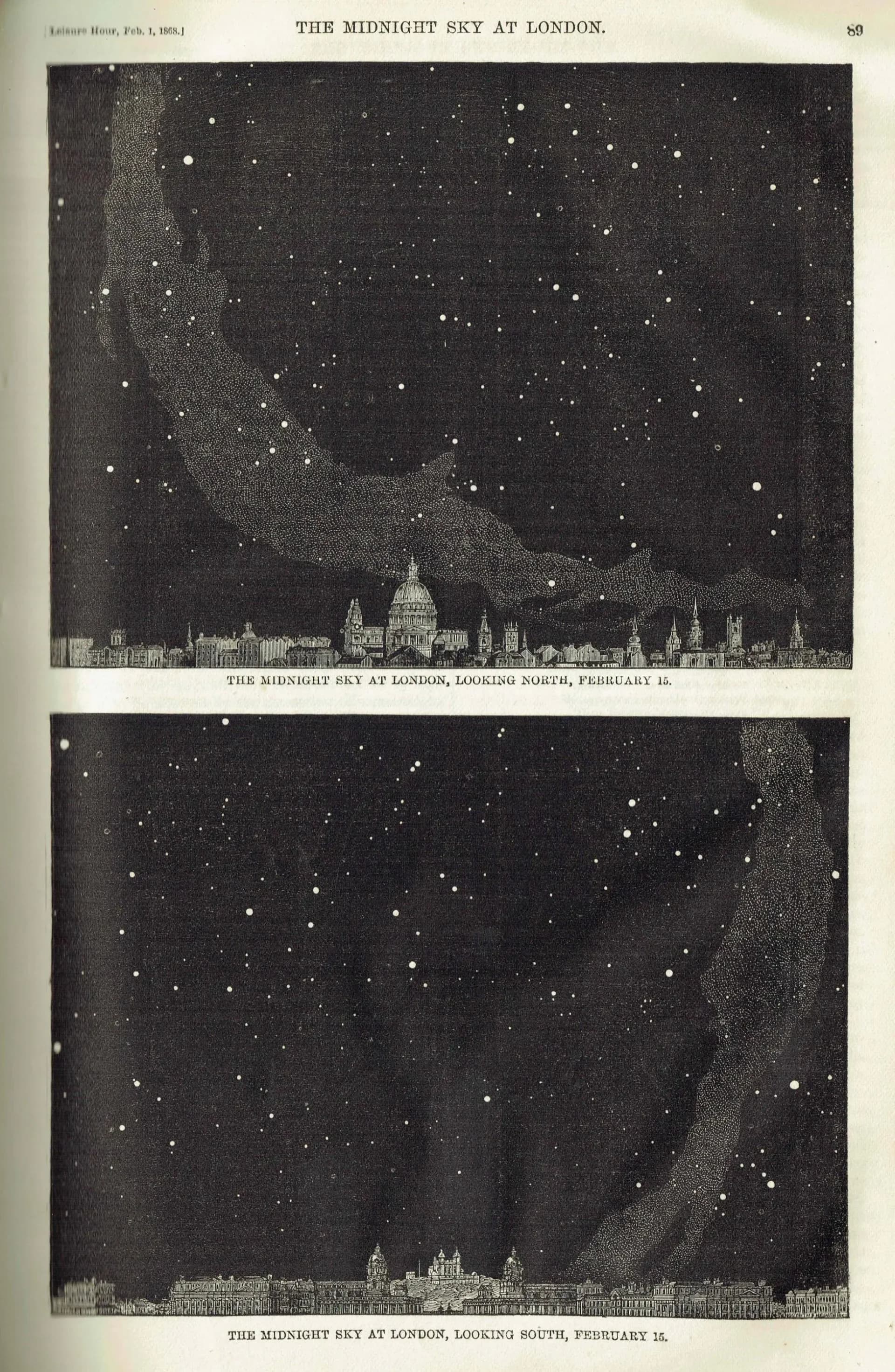 1868 Midnight Sky at London North & South - Original Antique Print - Victorian Astronomy Star Chart Milky Way Science - 6.25 x 10 in