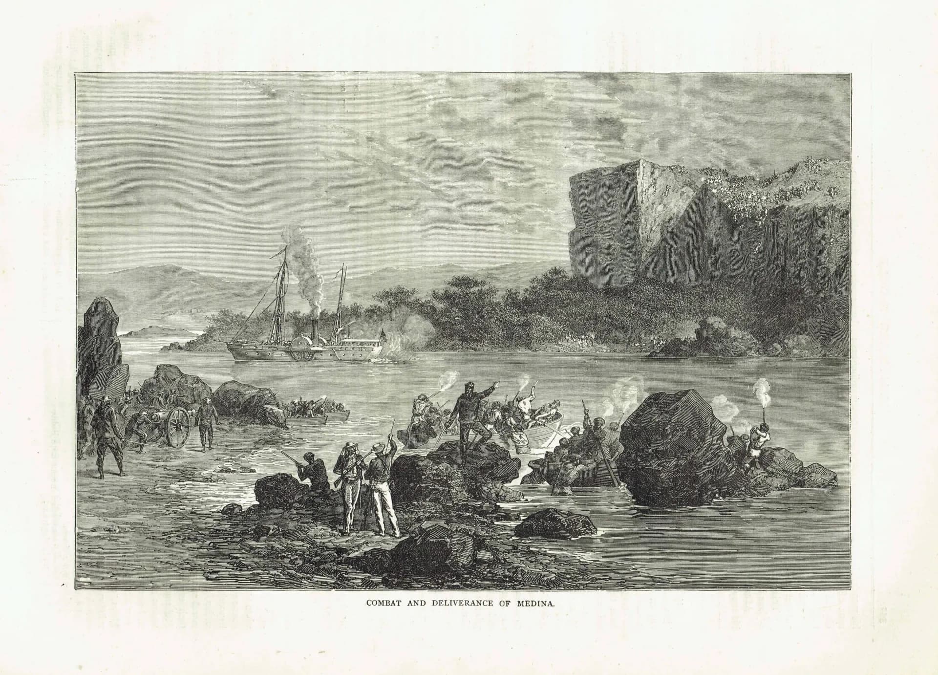1875 Combat & Deliverance of Medina - Antique Engraving - Illustrated Travels Victorian Military Arabia History - 8 x 11.5 in