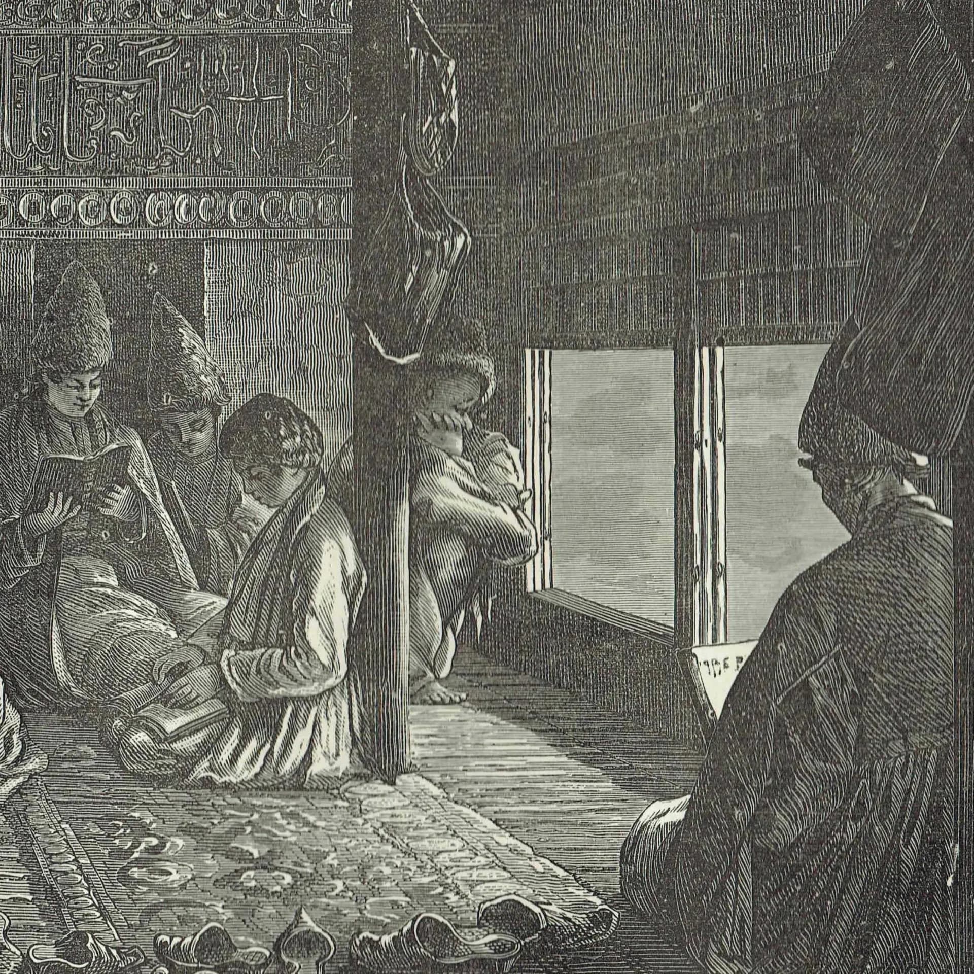 1871 Tartar School Interior - Antique Engraving - Illustrated Travels Victorian Central Asia Portrait Scene - 11.5 x 8 in