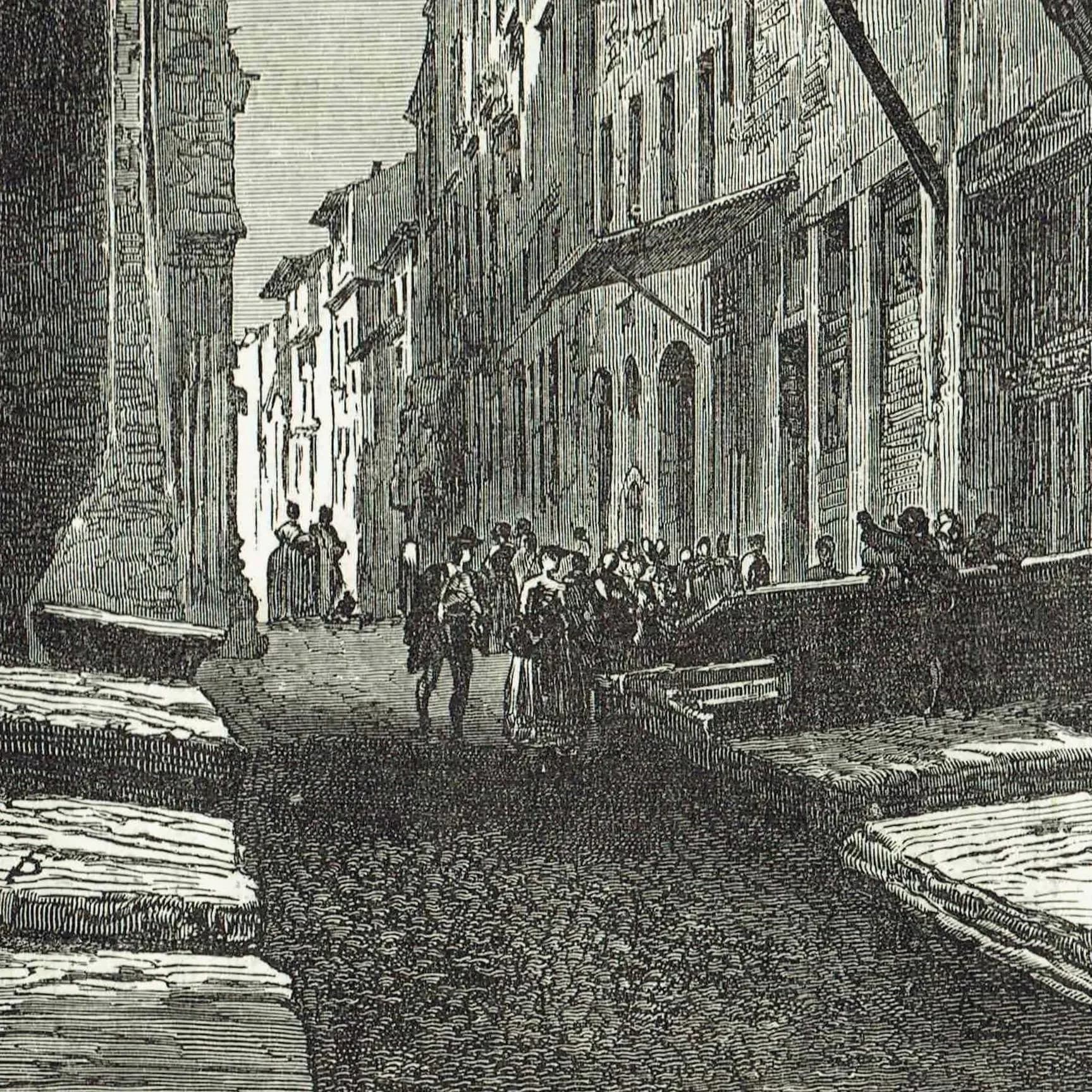 1875 Peschiera Vecchia Rome - Antique Engraving - Victorian Italy Street Scene Architecture Travel Print - 11.5 x 8 in