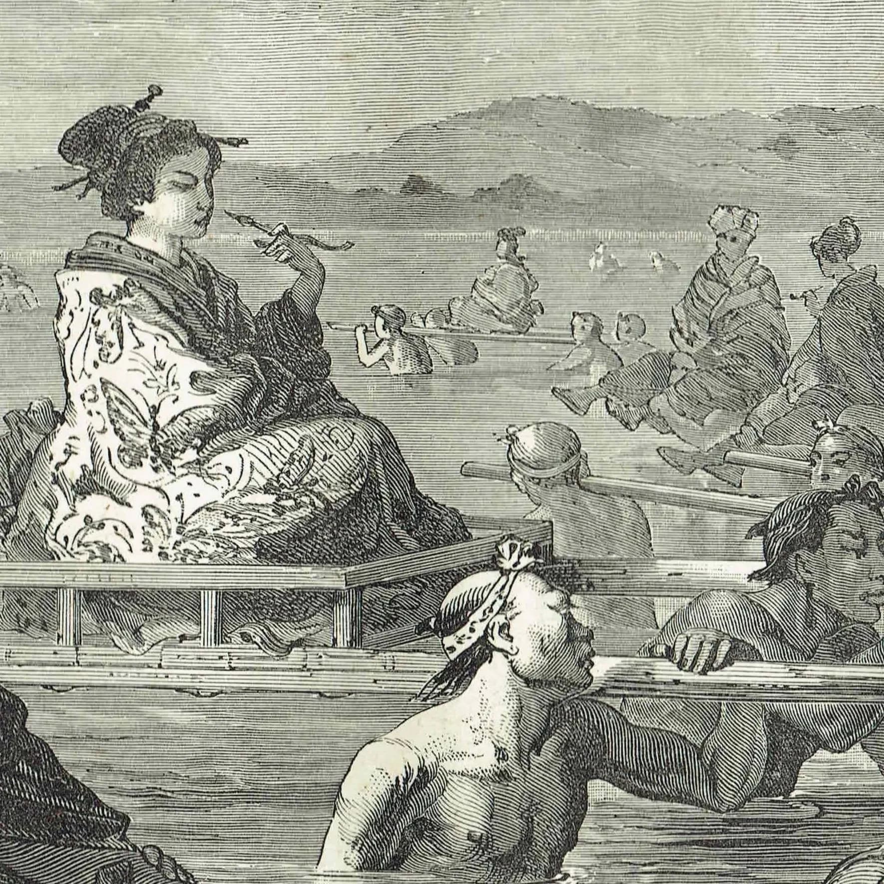 1875 Crossing a River Japan - Antique Engraving By Bates - Illustrated Travels Vol 6 Victorian Asia Geography Scene - 11.5 x 8 in