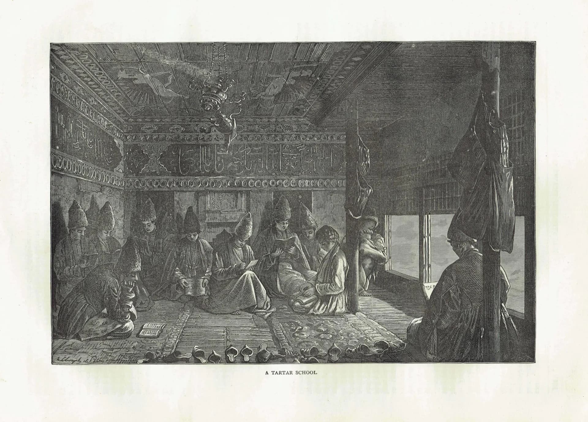 1871 Tartar School Interior - Antique Engraving - Illustrated Travels Victorian Central Asia Portrait Scene - 11.5 x 8 in