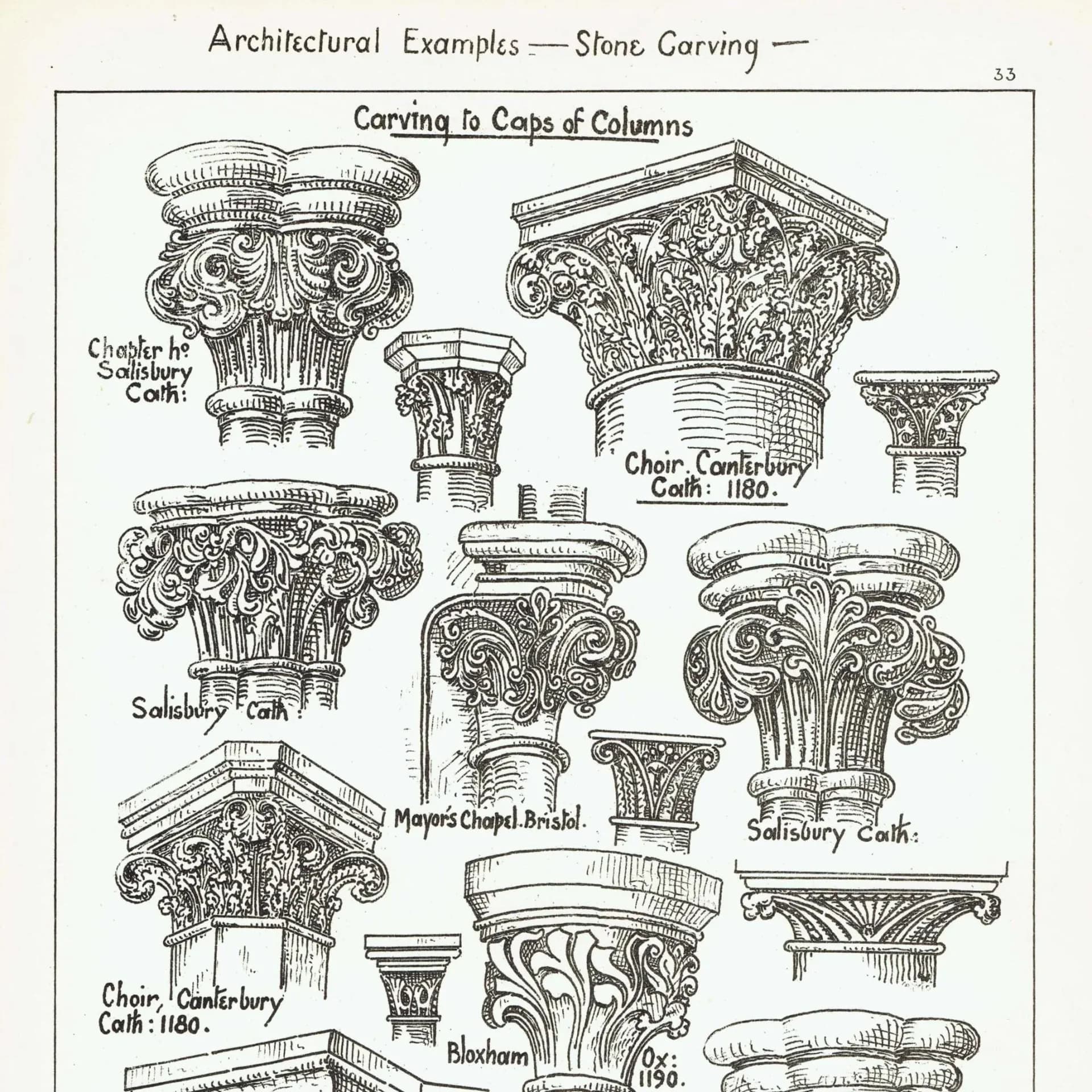 1898 Architectural Print - Stone Carving Caps Of Columns Canterbury Salisbury Bloxham Blois Bristol - W Fullerton - 8 x 10.75 in
