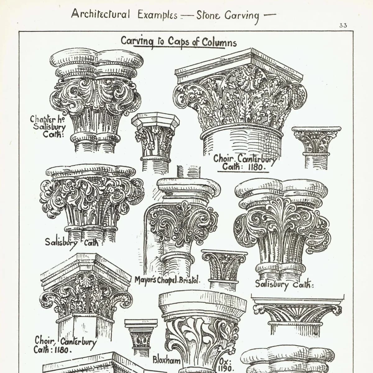1898 Architectural Print - Stone Carving Caps Of Columns Canterbury Salisbury Bloxham Blois Bristol - W Fullerton - 8 x 10.75 in