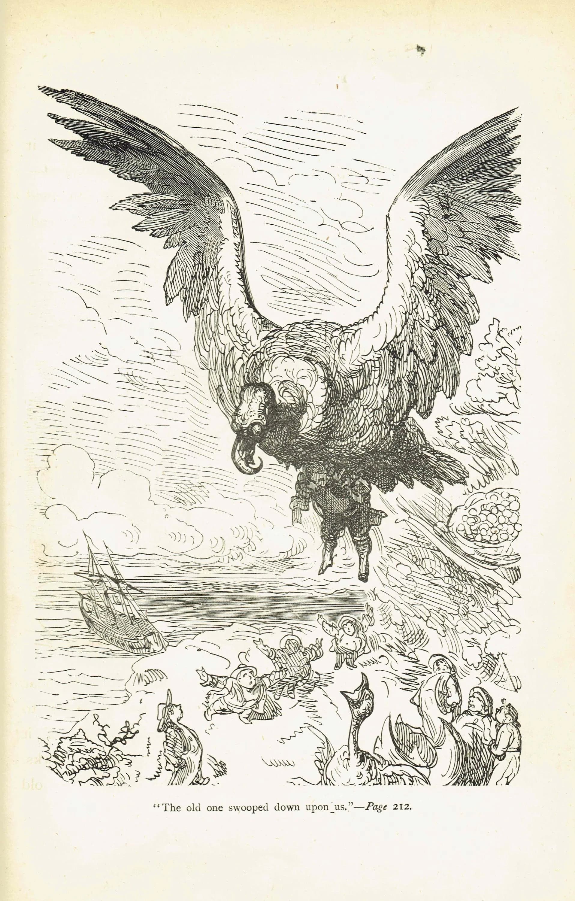 1867 Giant Eagle Rescue - Original Antique Print By Doré - Baron Munchausen Fantasy Adventure Literary Illustration - 6 x 9 in