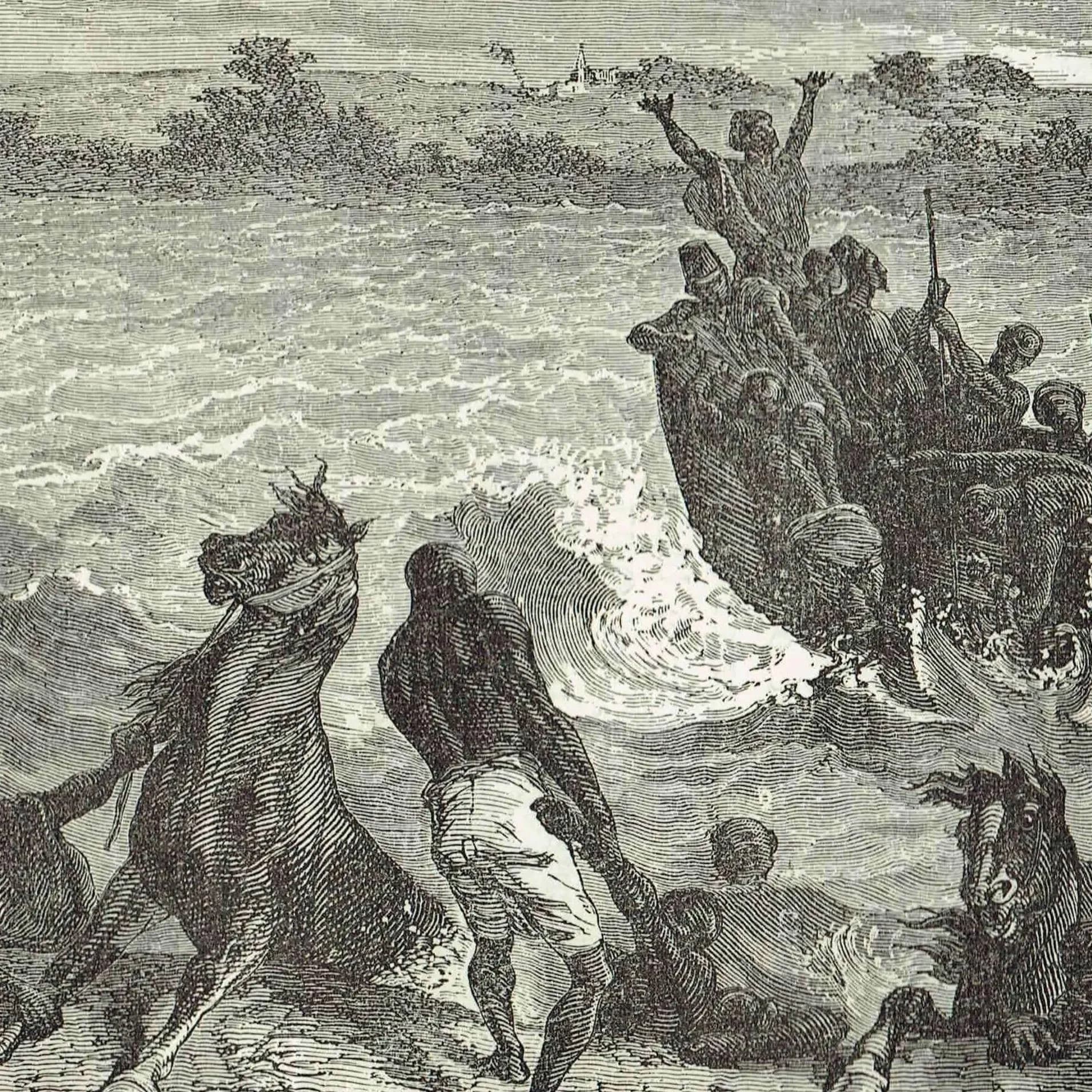 1871 Ahmadou's Army Crossing the Niger - Antique Engraving - West Africa Historical Scene Victorian Travel - 11.5 x 8 in