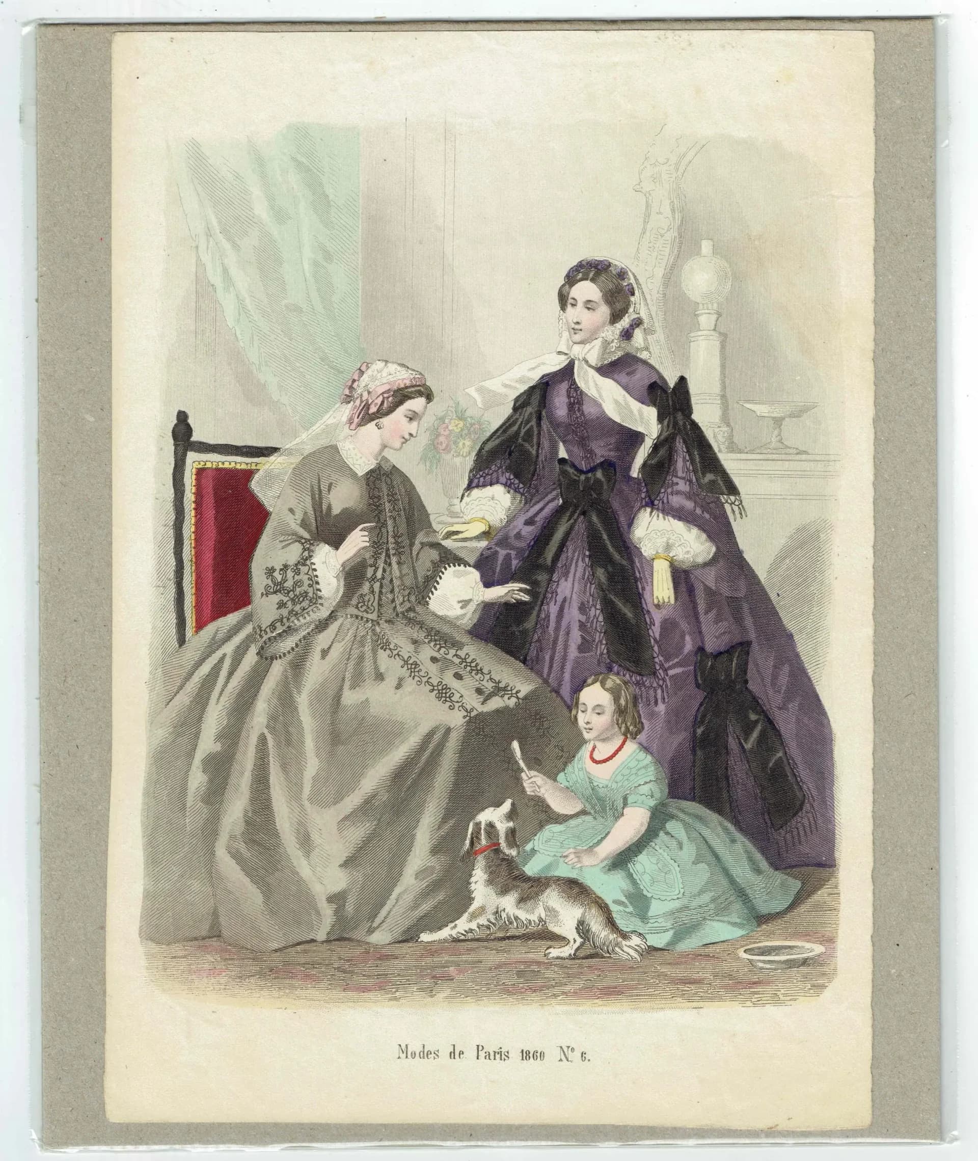 1860 Modes de Paris No.6 Print - Parisian Fashion Plate - Hand-Coloured Lithograph Women & Child - 9.5 x 6.5 in