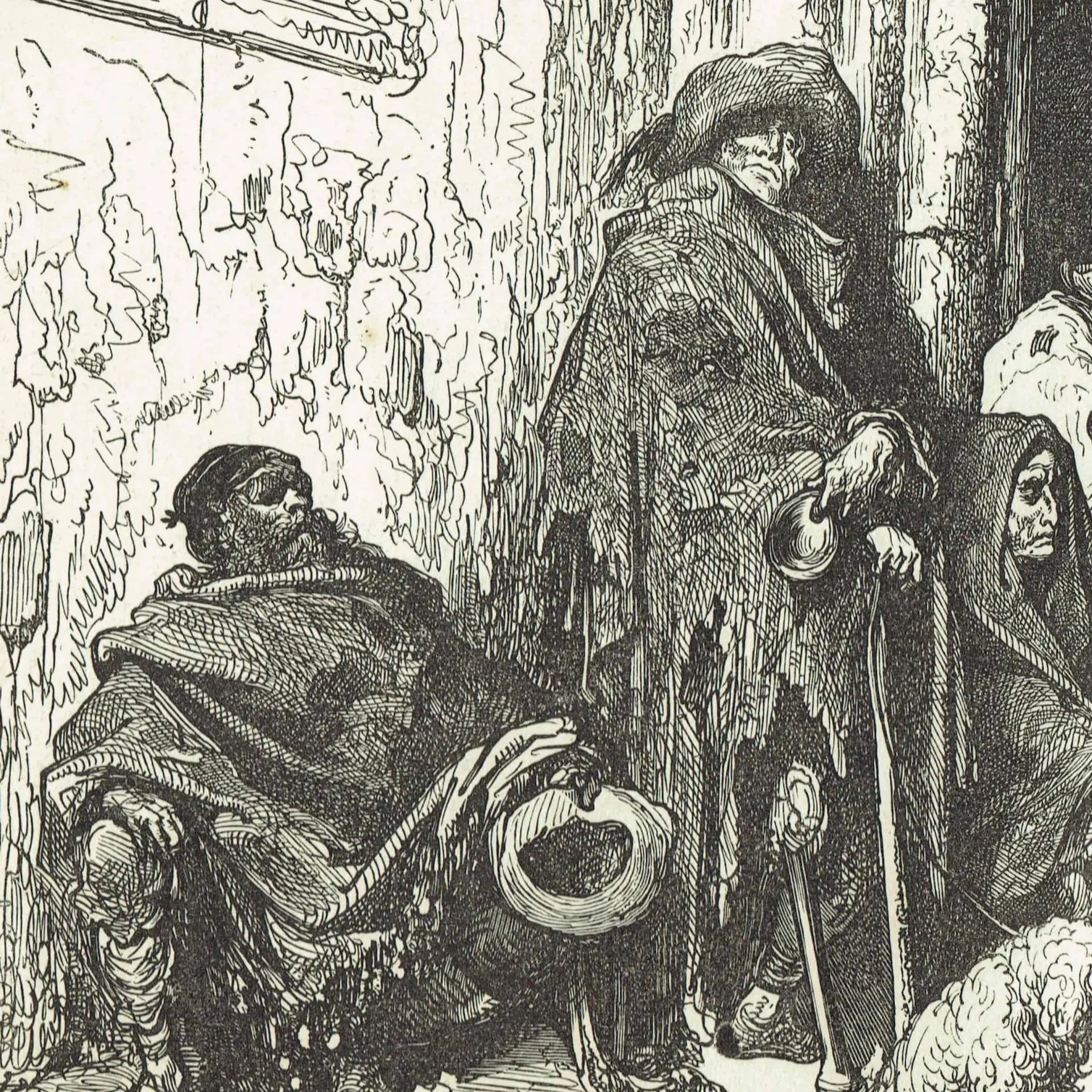 1869 Beggars in Cathedral of Barcelona - Original Antique Engraving - Spanish Religious Architecture Social History Travel - 11.75 x 8.75 in