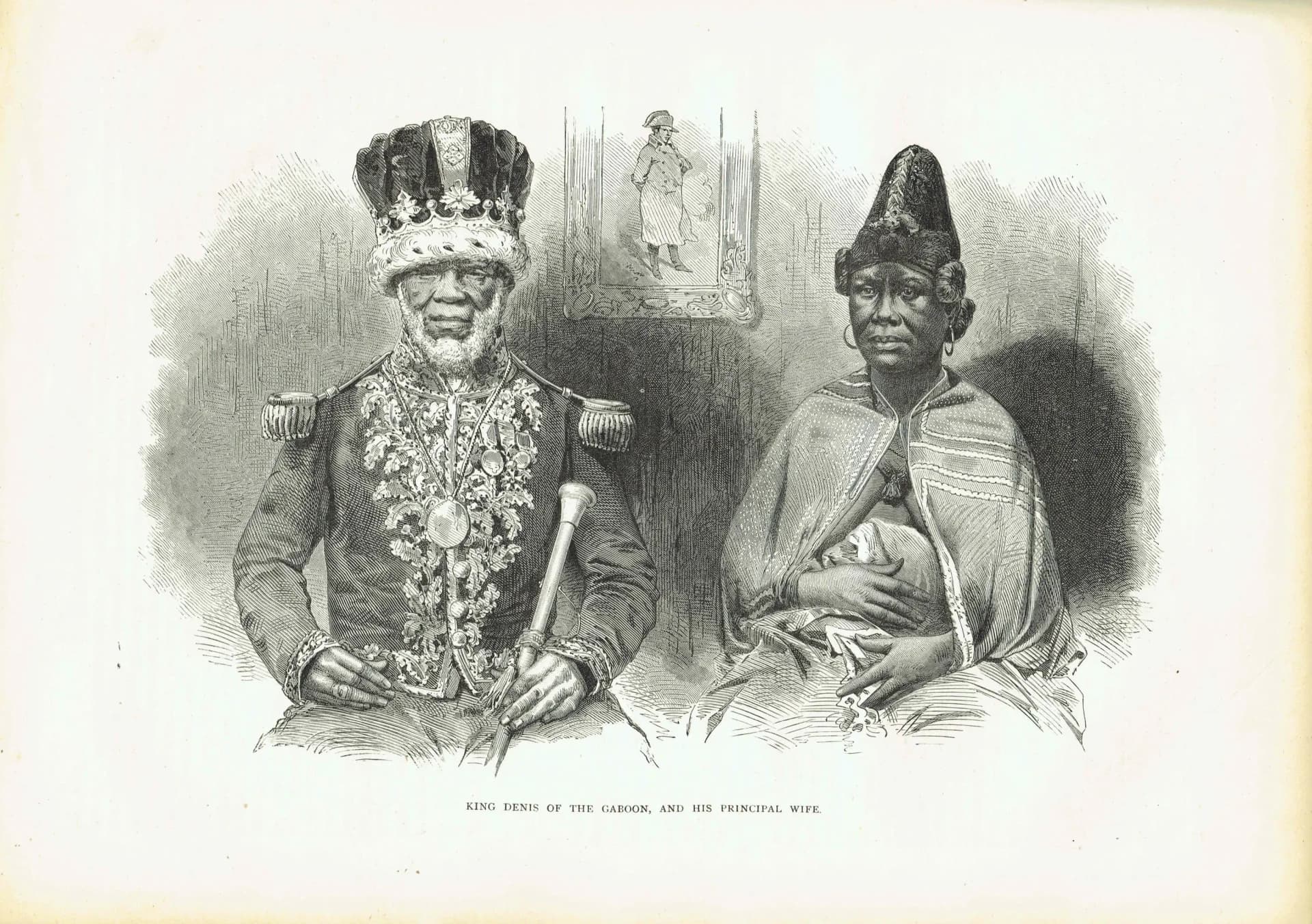 1870s Antique African Royalty Portrait Woodblock Print - King Denis Gaboon Royal Couple - Victorian Travel Book Illustration - 12 x 8.5 in