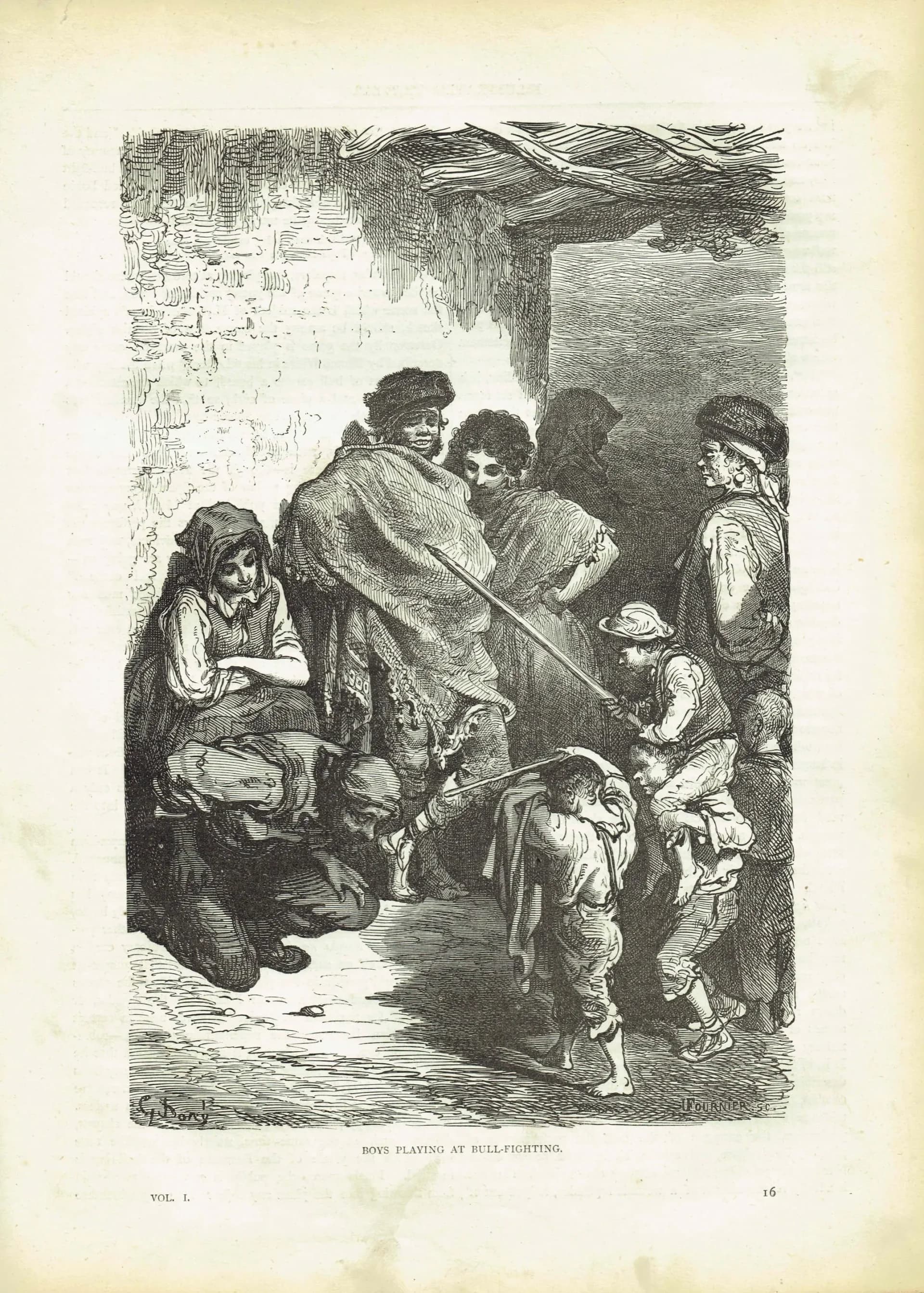 1870s Boys Playing At Bull-Fighting Original Woodblock Print - Children Portrait - Antique Victorian Travel Book Illustration - 8.5 x 12 in