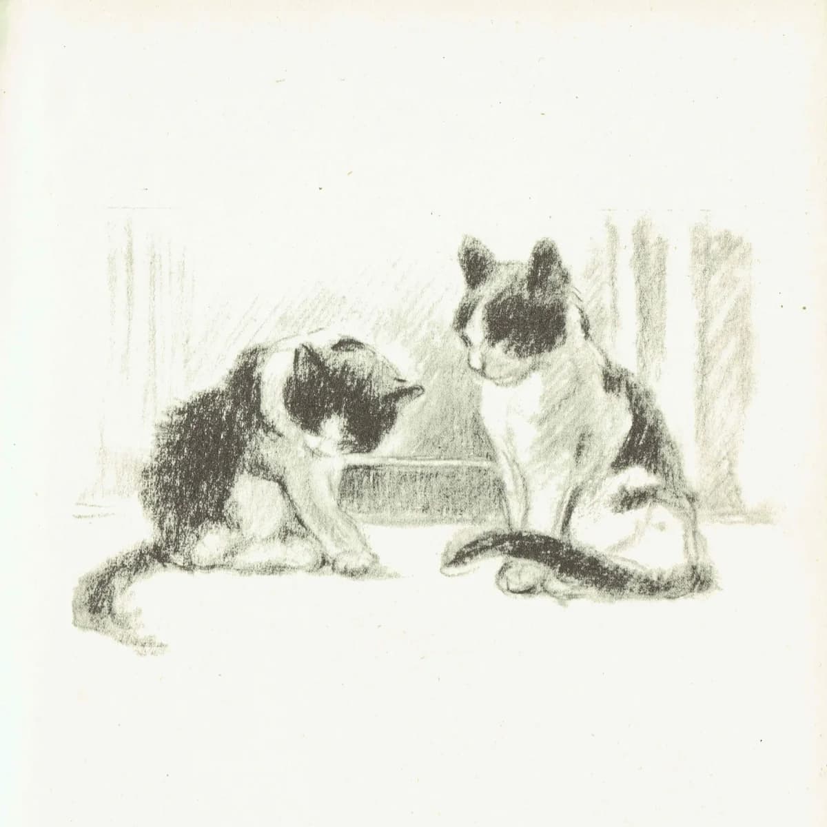 1946 Two Cats - Original Vintage Print By Dawson - Lucy Dawson Neighbours Pet Portrait Animal Art - 7 x 9.5 in