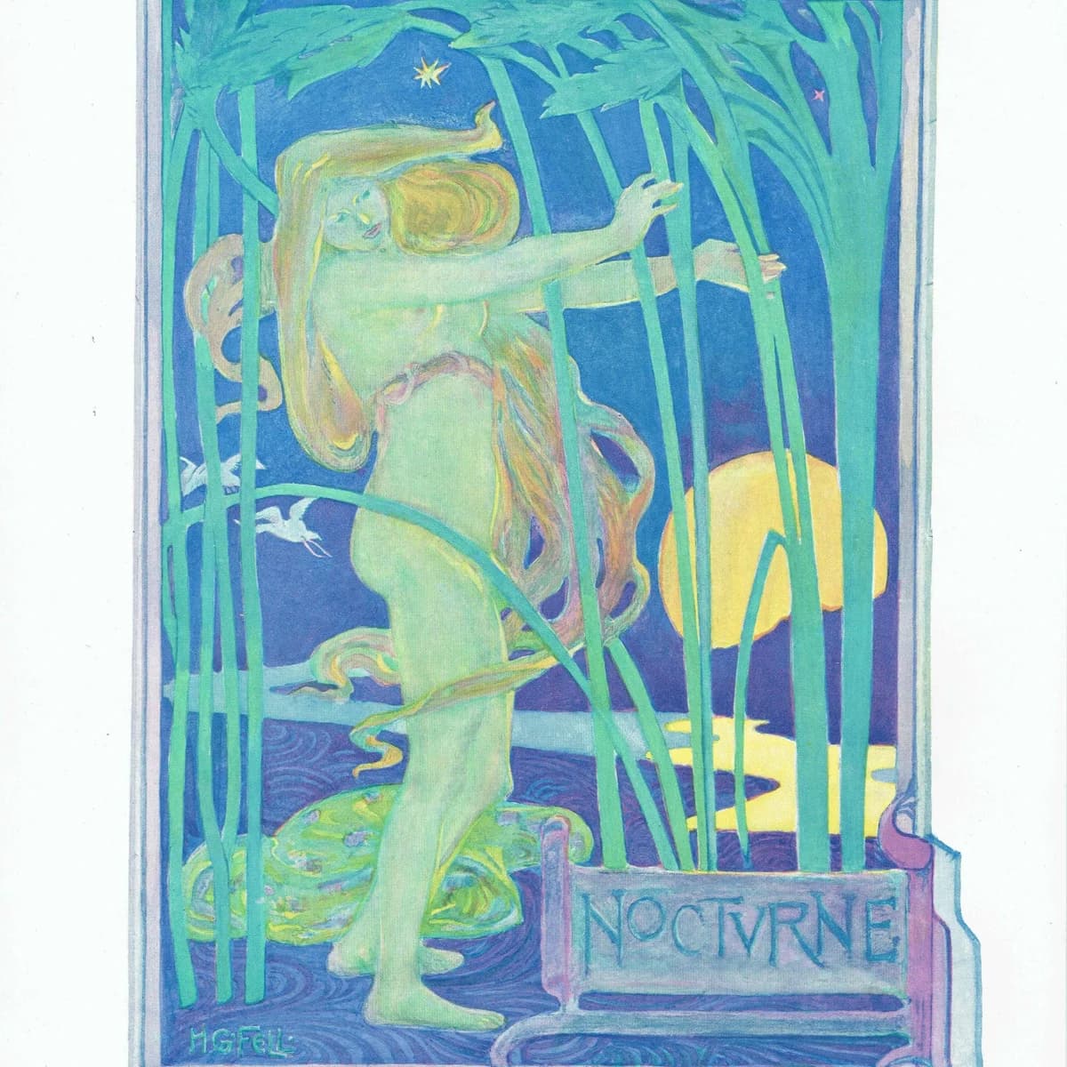1898 Nocturne Figure - Original Antique Lithograph By Fell - Art Nouveau Portrait The Studio Magazine Colour Print - 7.5 x 11 in