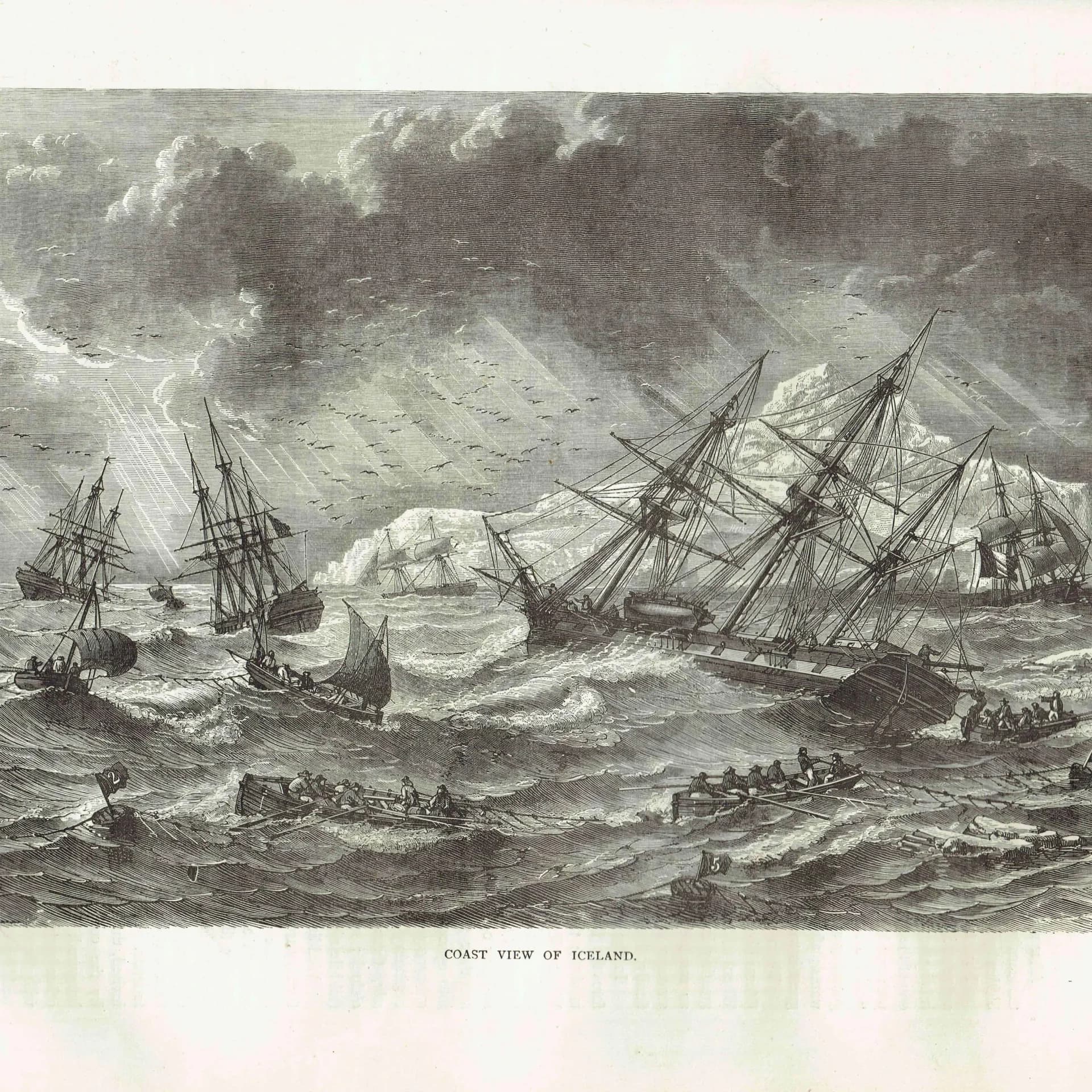 1871 Coast View of Iceland - Antique Engraving - Nautical Sailing Ships Arctic Sea Victorian Travel - 11.5 x 8 in