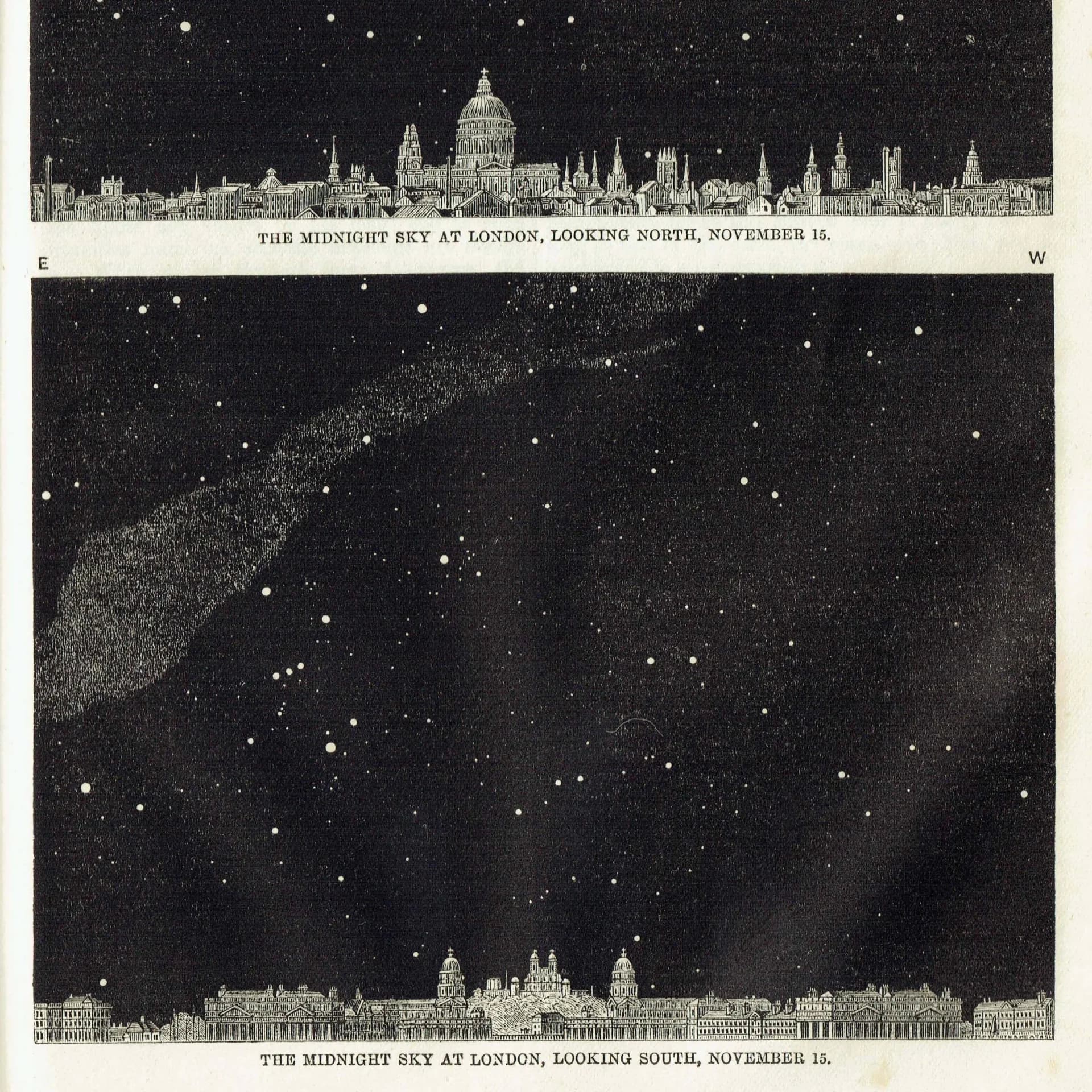 1868 Midnight Sky at London - Original Antique Print - Victorian Astronomy Star Chart Night Sky North South Views - 6.25 x 10 in